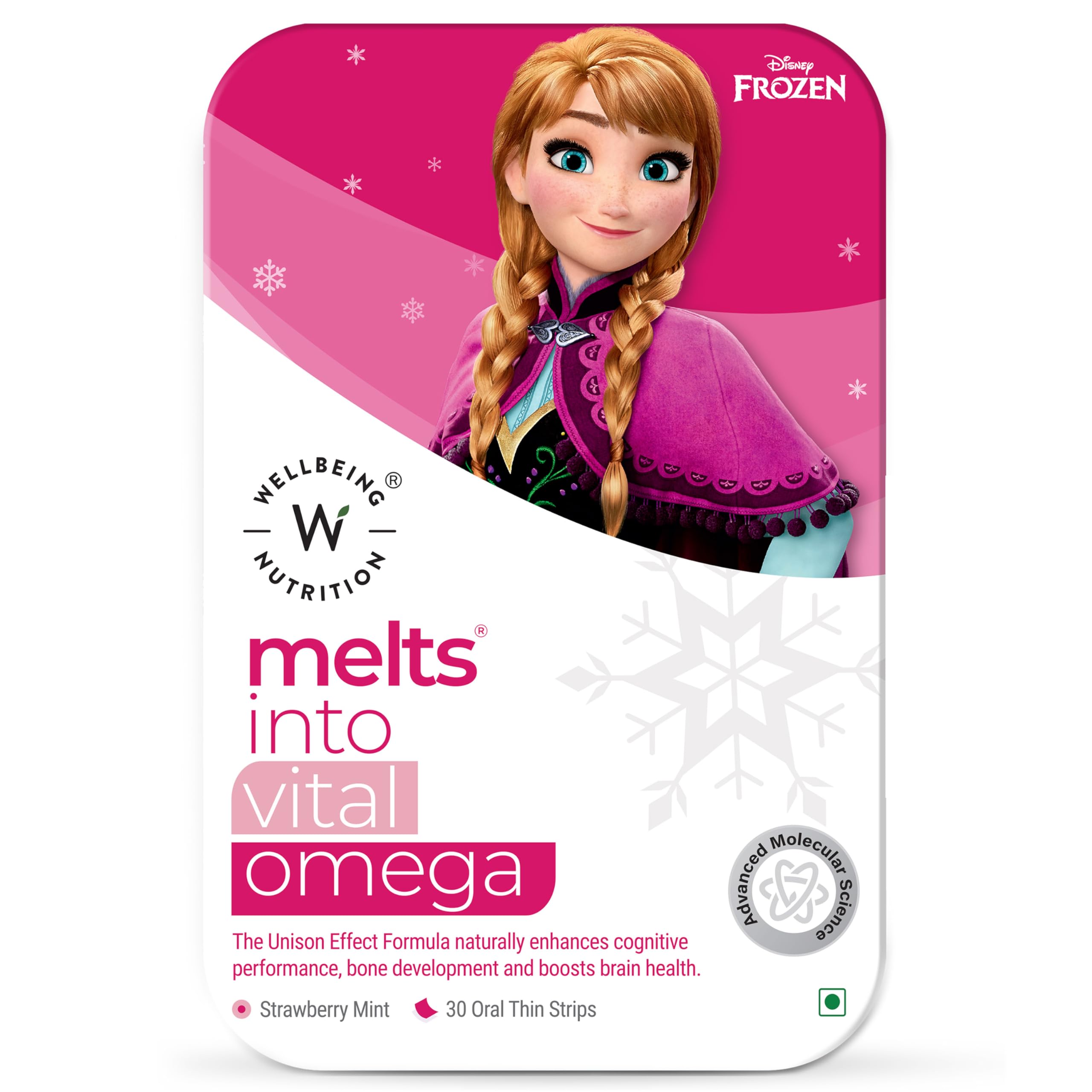 Frozen Anna Melts | Vegan Omega 3 for Kids (6+) Supports Brain Development, Concentration, Eye & Heart Health | Algae Omega 3 EPA DHA | Strawberry Mint Flavor (30 Oral Strips)