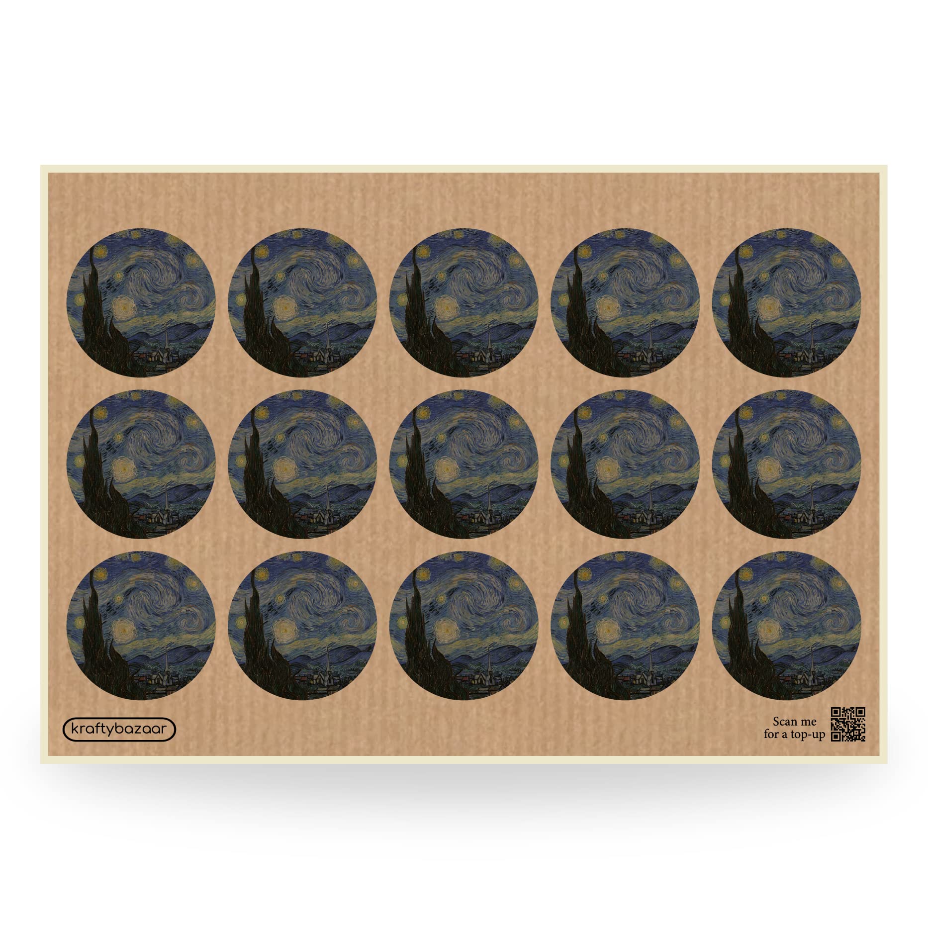 Vincent Van Gogh Starry Night Paper Labels, 37mm Self-Adhesive Stickers, Multipack Famous Paintings Craft Decor Labels (Kraft Paper Labels, Pack of 360 Labels)