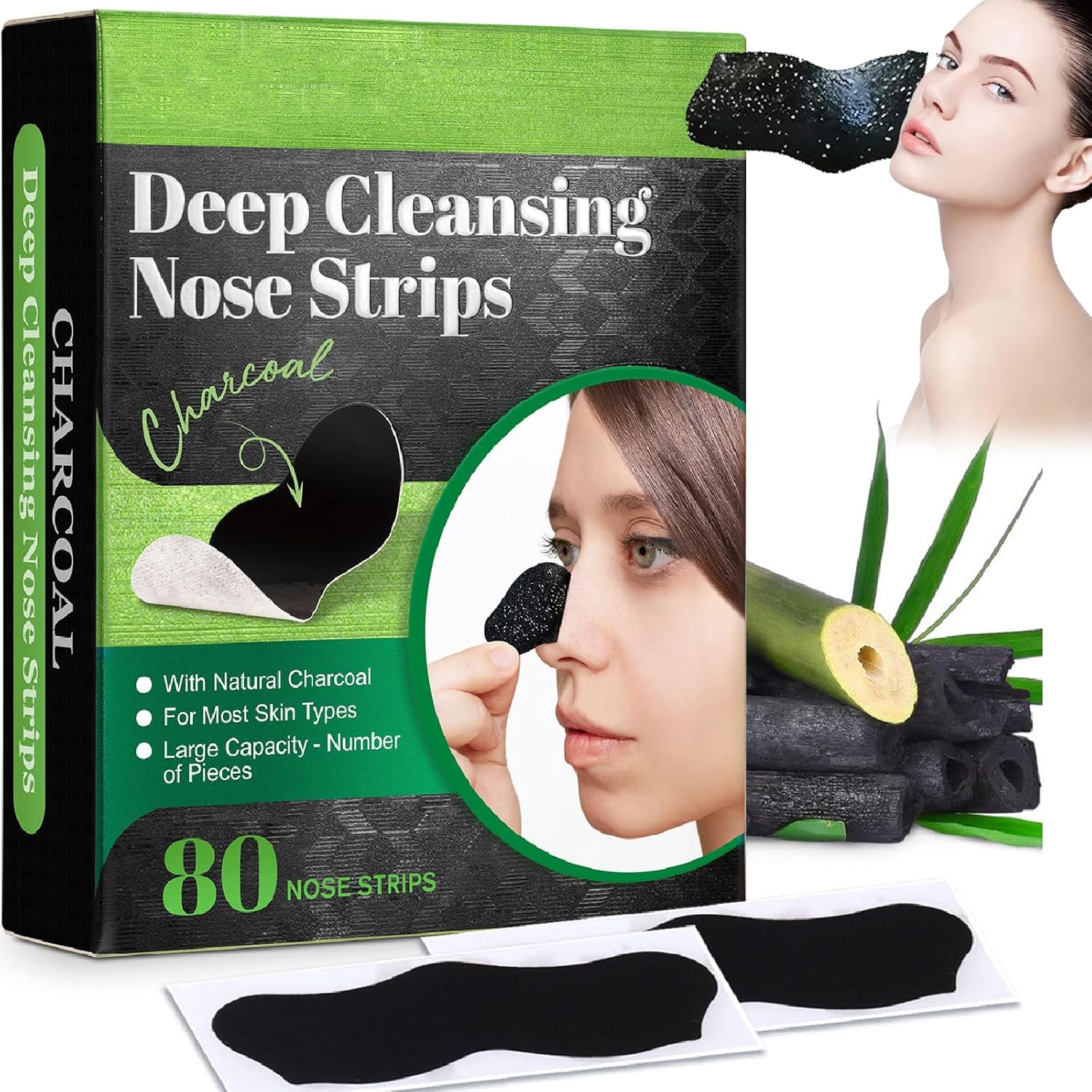 80PCS Blackhead Remover Nose Strips – Charcoal Deep Cleansing Pore Strips for Nose, Chin & Face, Easy Peel-Off Blackhead Remover for Men & Women, Suitable for All Skin Types
