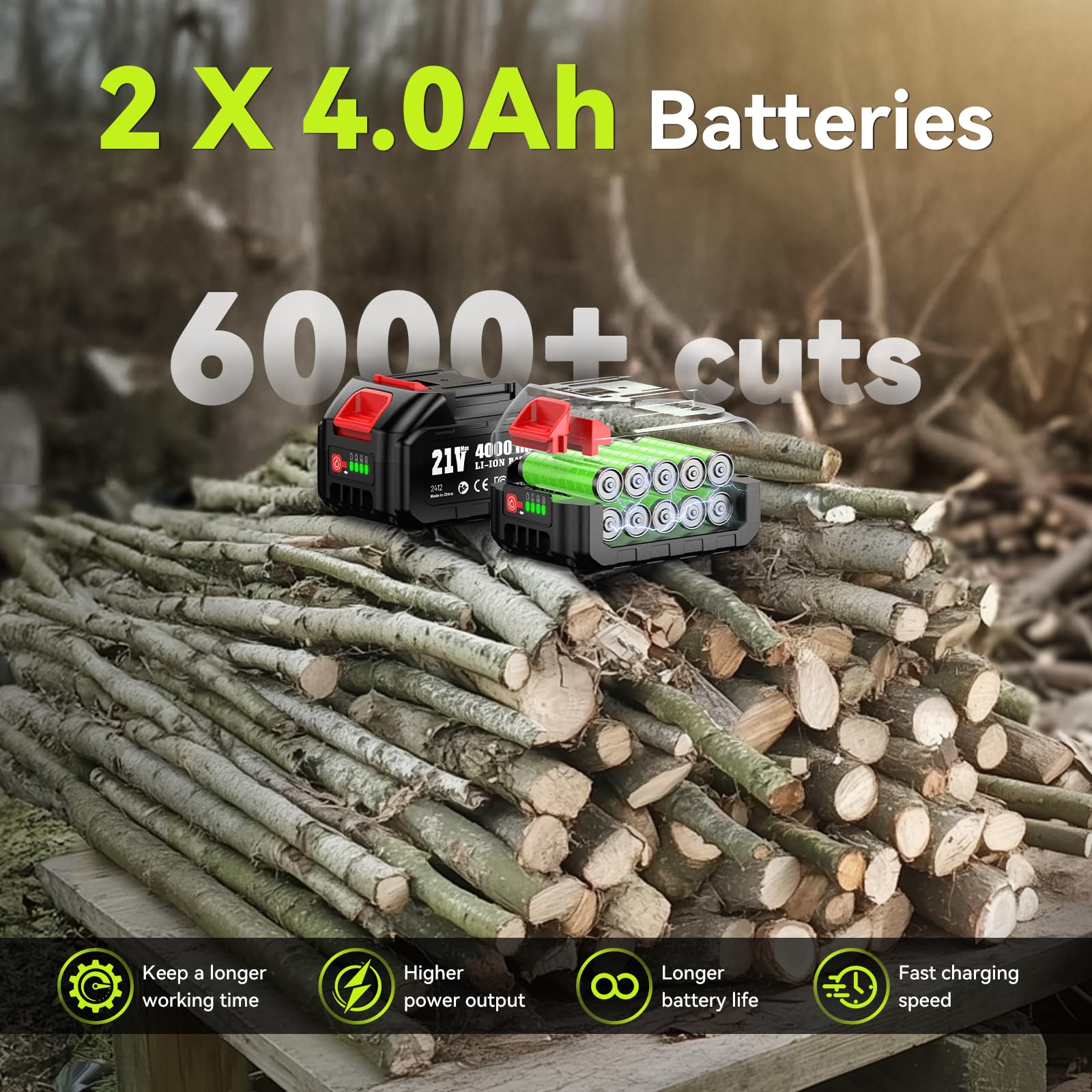 Supstable Mini Motosierra Telescopica 6 Pulgadas & Tijeras de Podar Eléctricas 33mm, 4 en 1 Kit de Herramientas con 8000 mAh Baterías, Alcance hasta 4,8 m, Tensión y Cambio de Cadena sin Herramientas