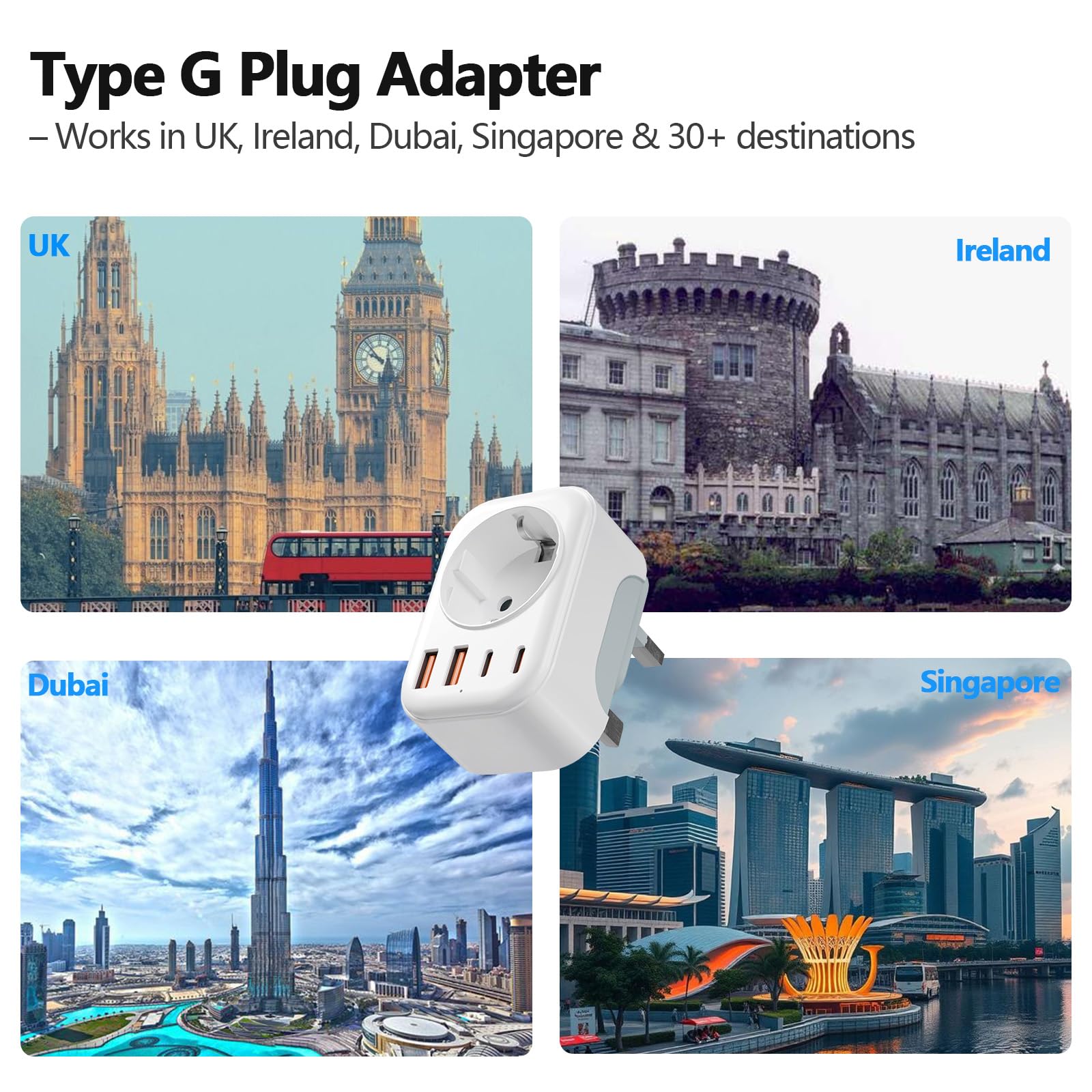 Bigfish Adapter Anglii Niemcy wtyczka z 2 USB-C i 2 USB-A (3,4 A), adapter UK adapter do gniazda wtykowego Anglia, adapter podróżny UK typ G do UE do Anglii/Szkocji/Irlandii/Dubaju/Maldives