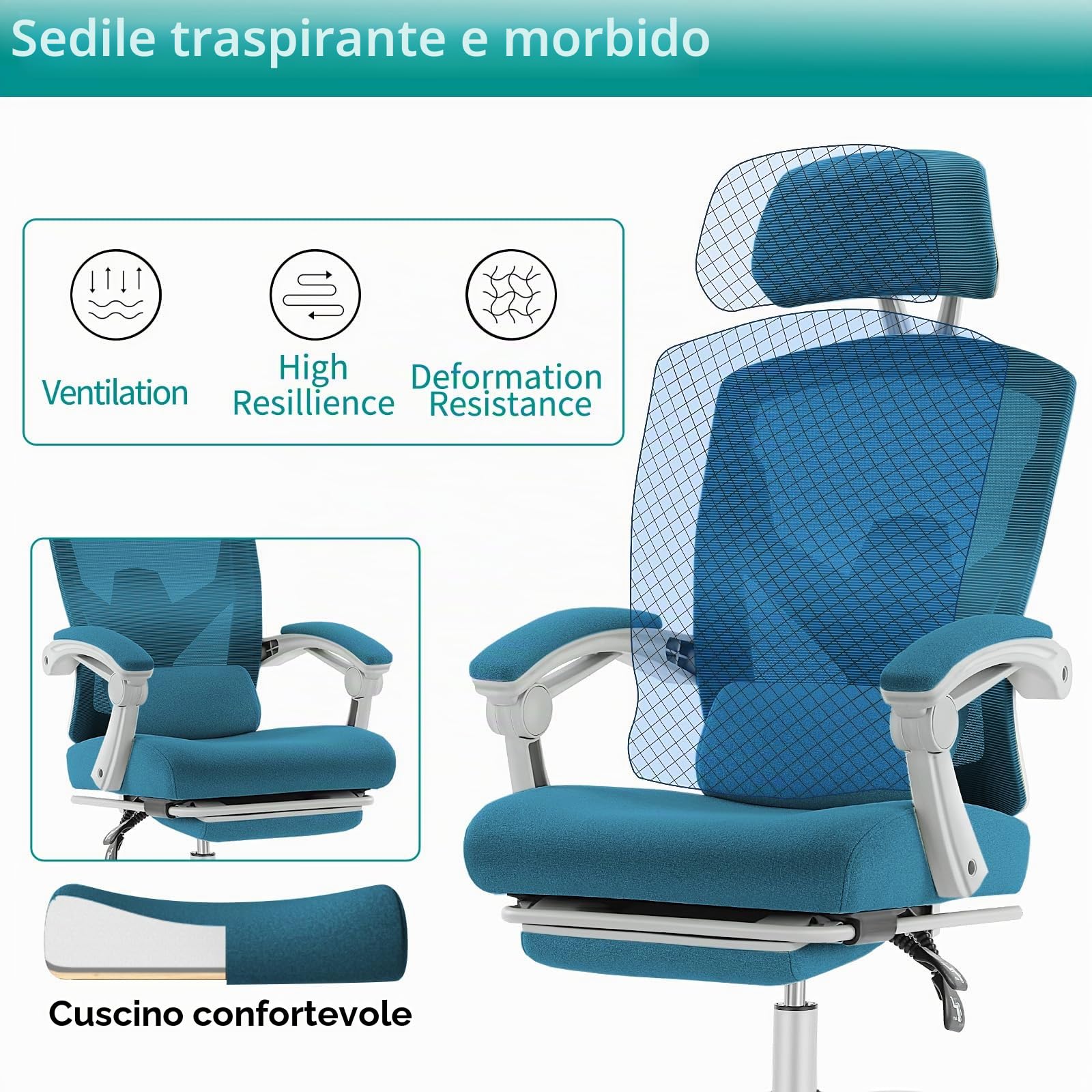 DUMOS Sedia da gaming, sedia da gioco per adulti, reclinabile, ergonomica, con poggiapiedi, sedia da scrivania per computer in rete, sedia per videogiochi con supporto lombare, poggiatesta, braccioli