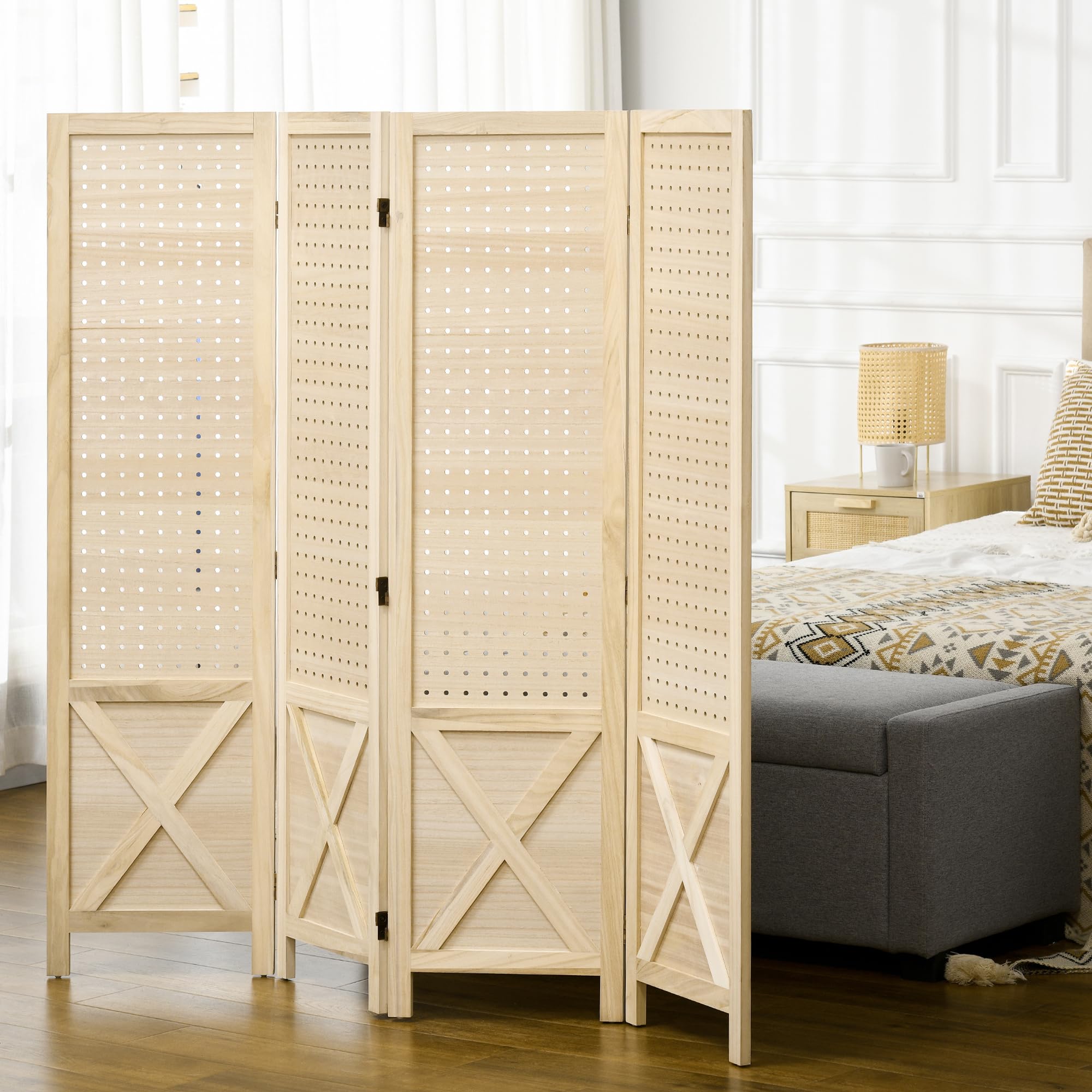 HOMCOM Biombo de 4 Paneles Plegable de Madera 152x1,7x144,5 cm Natural | Separador de Ambientes, Divisor de Habitación de Madera, Pantalla de Privacidad Agujeros para Colgar, Oficina, Dormitorio