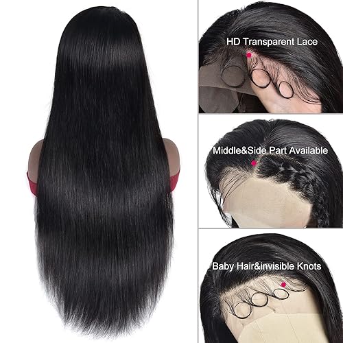 Miniatura 5 de Myecool Pelucas de cabello humano lacio con encaje frontal transparente HD de 13 x 4 pulgadas, prearrancado con abuelitos, densidad del 150 %,