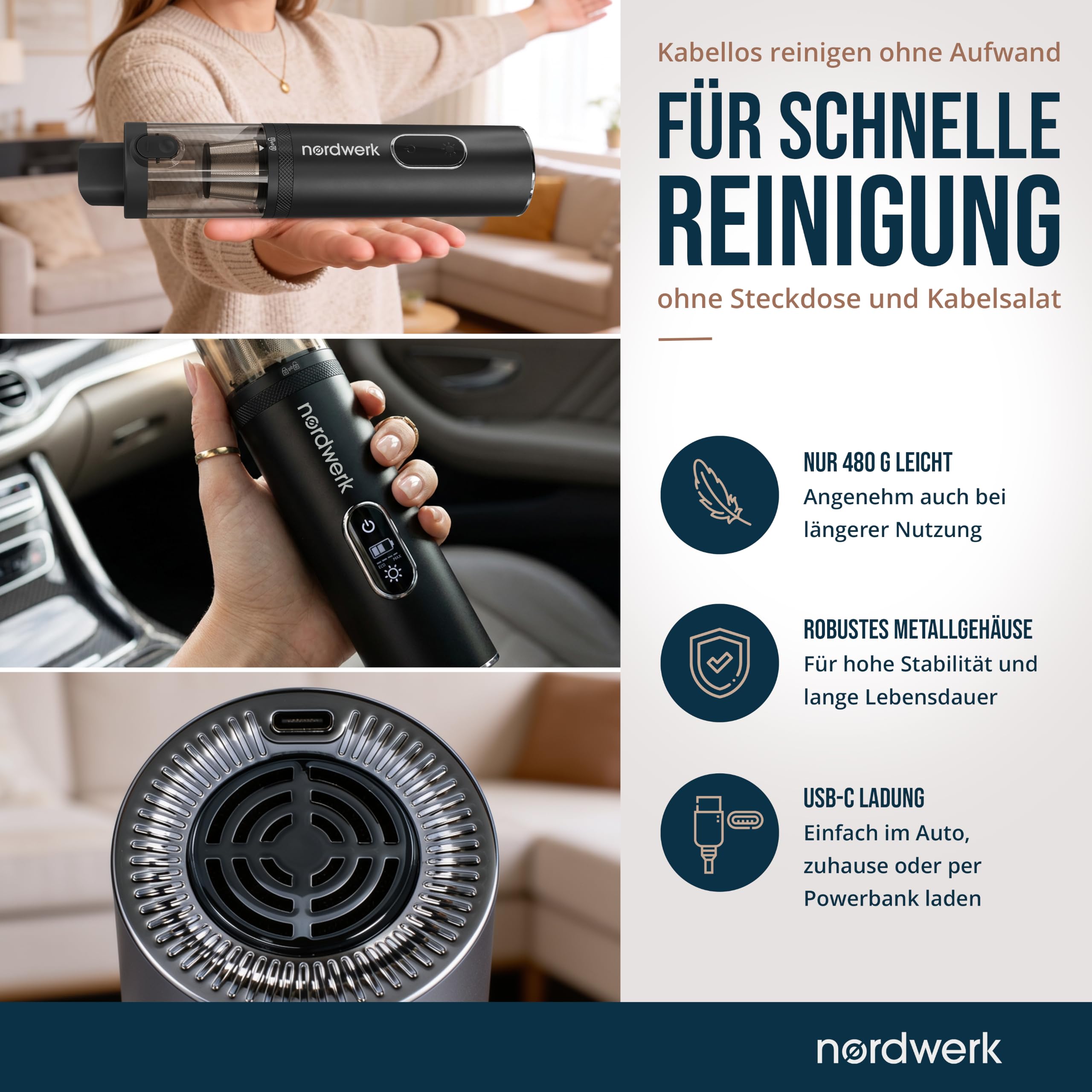 Akku Handstaubsauger Nordwind NEO für Auto & Haushalt, kabellos | starker Mini Staubsauger mit DeepReach Cleaning System®, Bürste für Tierhaare, HEPA-Filter, LED-Licht & Extra-Zubehör