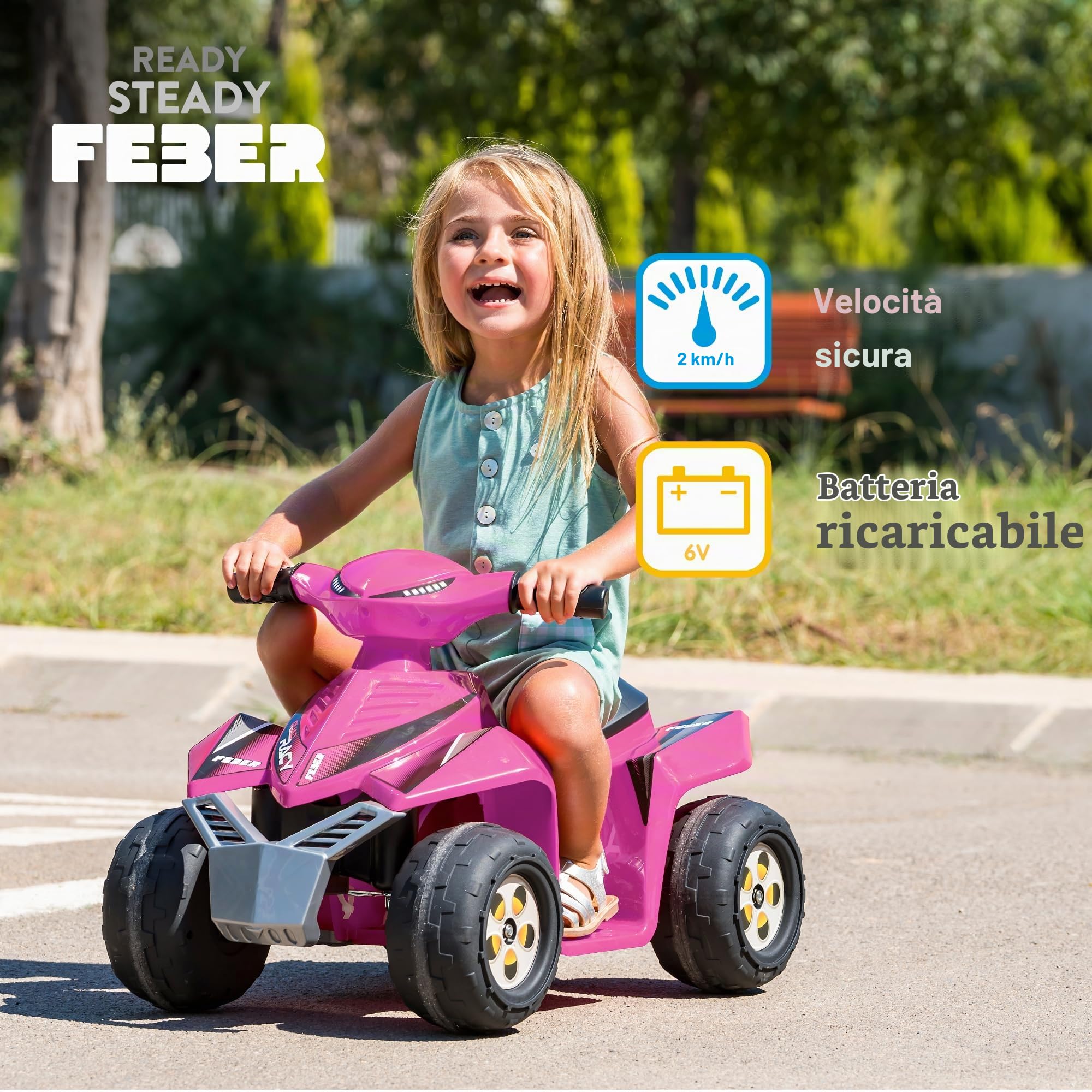 FEBER - Quad Racy 6V rosa, Quad elettrico per bambini da 18 mesi a 3 anni, con acceleratore, ruote grandi e robuste per la stabilità, fino a 40 min di batteria, Famosa (FEN50000)