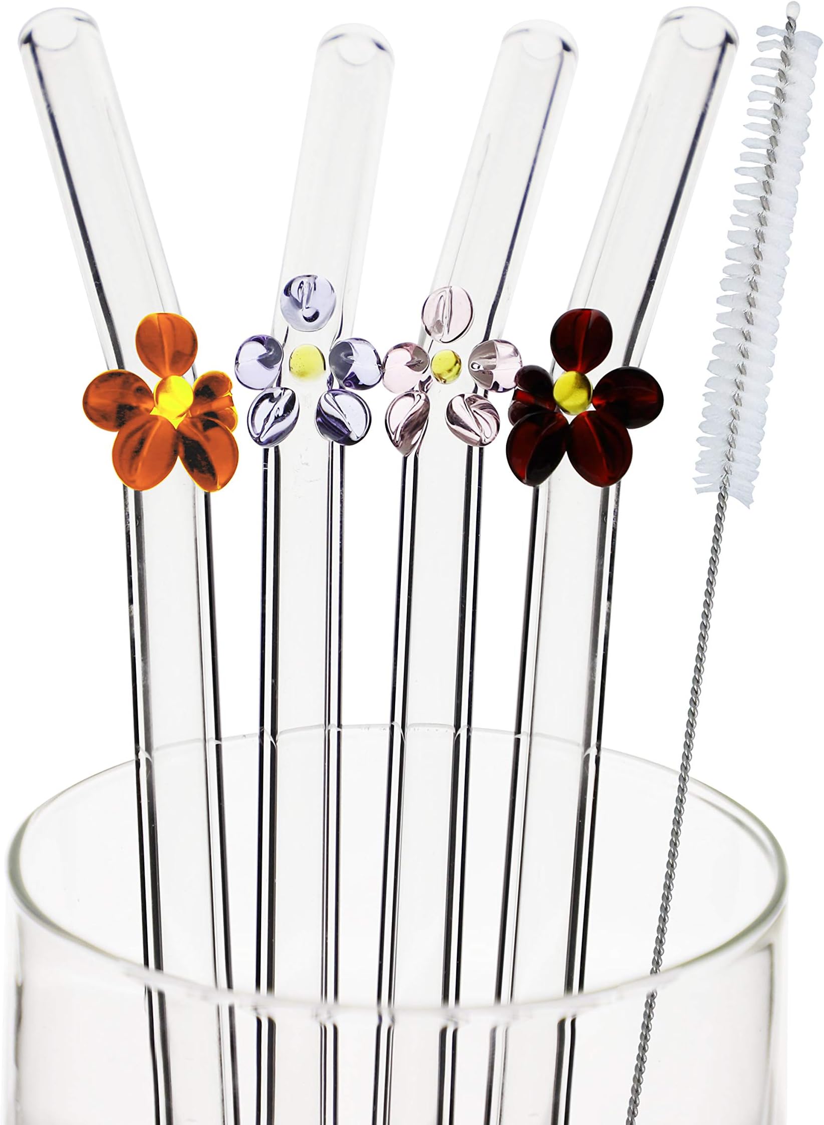 TIANYUAN 4pcs 9" 9mm Reuseable Bent Glass Straws with 1 Cleaning Brush Amber Violet Pink Red Flowers
