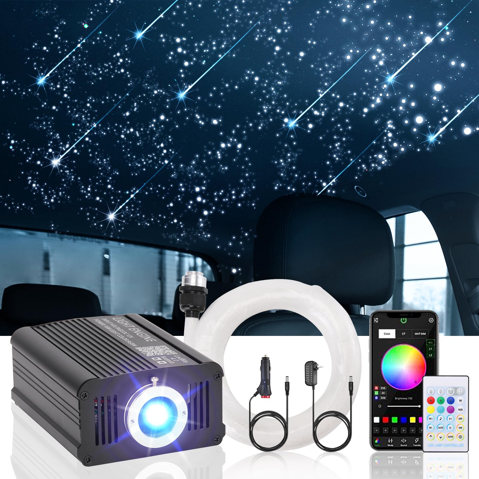 Meteor Twinkle Headliner Star Light Kit, 550pcs*0.03in*9.8ft Ceiling Fiber Optic Lights with 100pcs Shooting Star Light Effect Music Mode RGBW Sound Activated for Car Roof Home Ceiling Decoration
