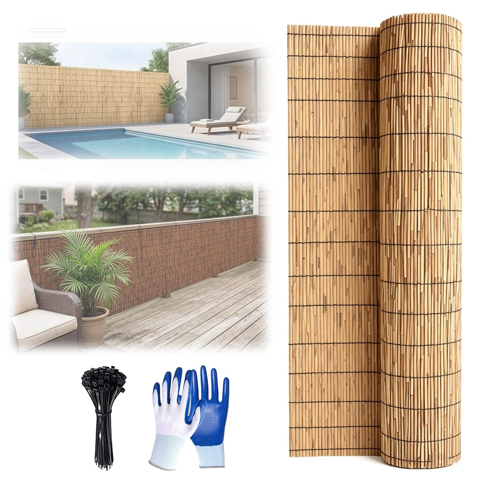 Générique Rouleaux Canisse Bambou Brise Vue Jardin Extérieur Clôture D'intimité Naturelle Occultant pour Terrasse Patio avec Attaches De Fixation 50cm 60cm 70cm 80cm 100cm Hauteur(Nature,180x300cm)
