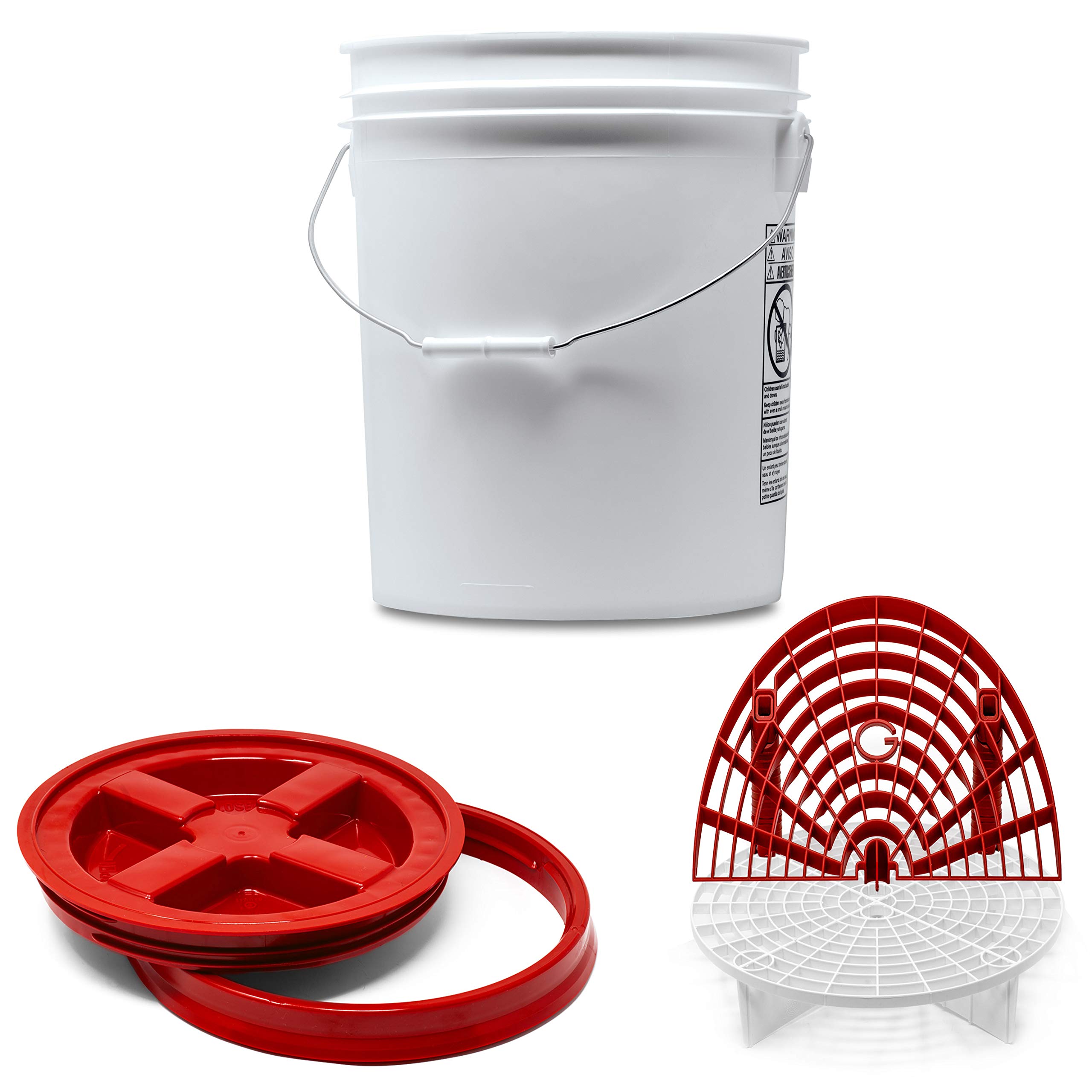 Detailmate professionelles Wasch Eimer Set: Magic Bucket Wascheimer 5 GAL (ca. 20 Liter), Gamma Seal Eimerdeckel rot, GritGuard Schmutz Einsatz weiß, GritGuard Washboard rot