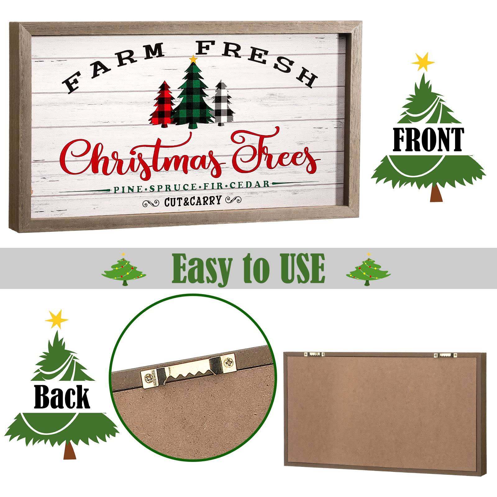 Christmas Signs Farm Fresh Christmas Trees Wood Sign Rustic Farmhouse Holiday Decor with Wooden Frame Buffalo Plaid Xmas Winter Hanging Wall Decor for Home Party Living Room Fireplaces Table Decor