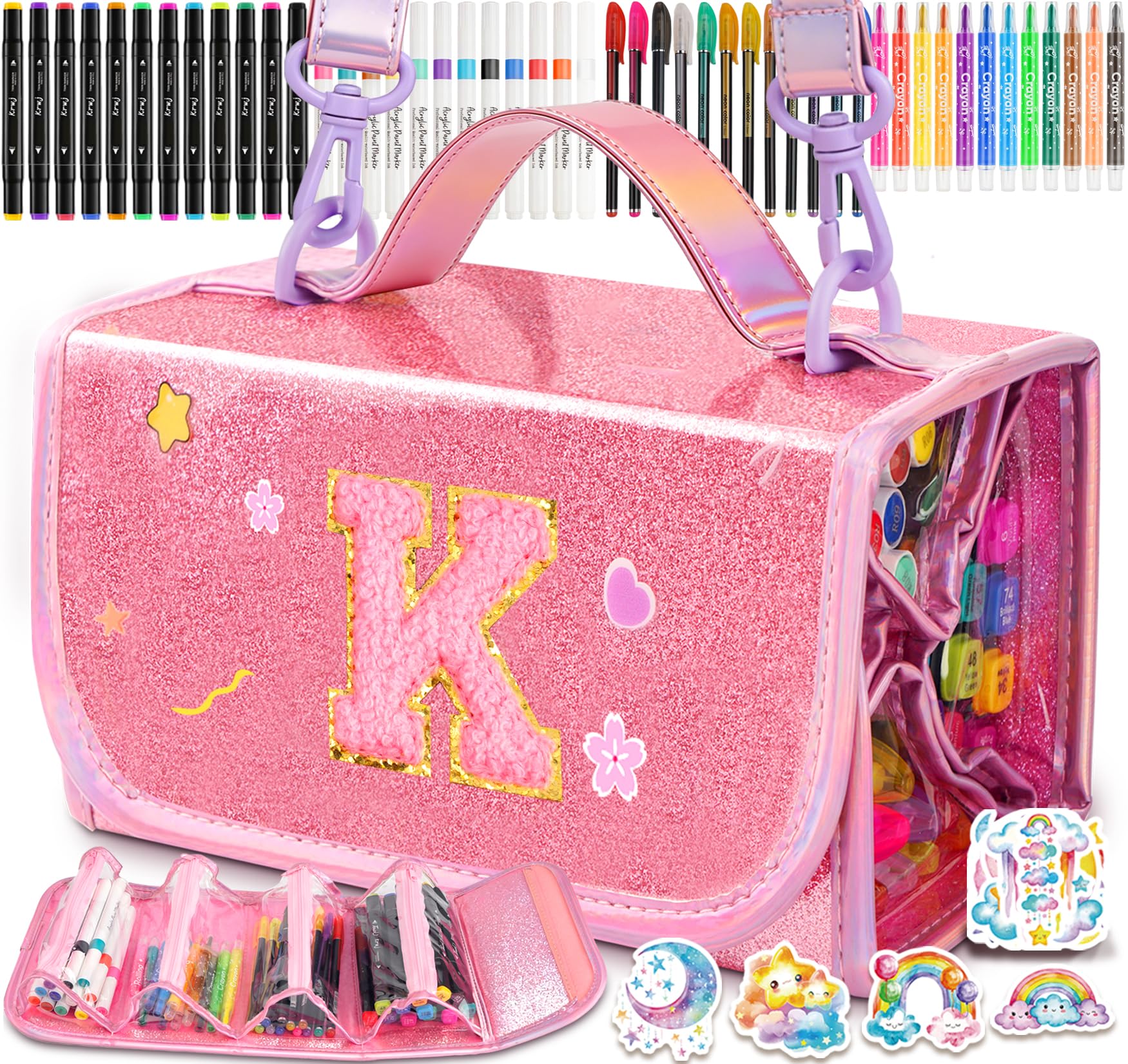 SHXWELL 69 PCS Initial Washable Scented Markers Set with Glitte Pencil Case Shoulder Strap, Personalized Art Supplies and Crafts for Kids Ages 4-6-8, Birthday Gifts for Girls Coloring Markers Set (K)