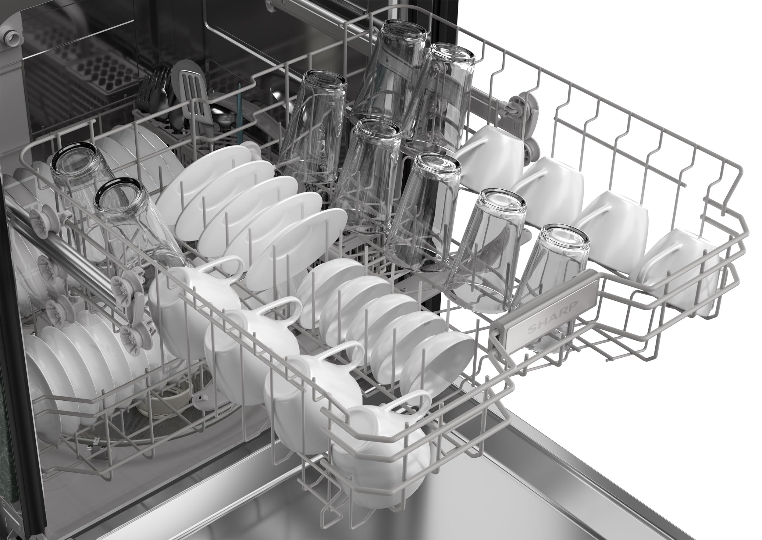 Sharp SDW6504MS Stainless Steel Dishwasher, 24-inch Pocket Handle, 52 dB, Hybrid Tub, 12 Place Settings, 5 Cycles, Heated Dry