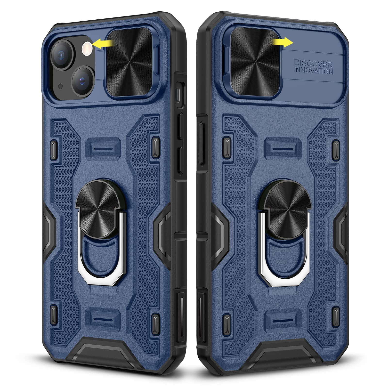 CakaCase for iPhone 13 with Camera Cover & Kickstand, iPhone 14 Case with Stand Ring Magnetic Magnet Slide Lens Protection Protective Cover Phone Case for iPhone 13 iPhone 14-Blue