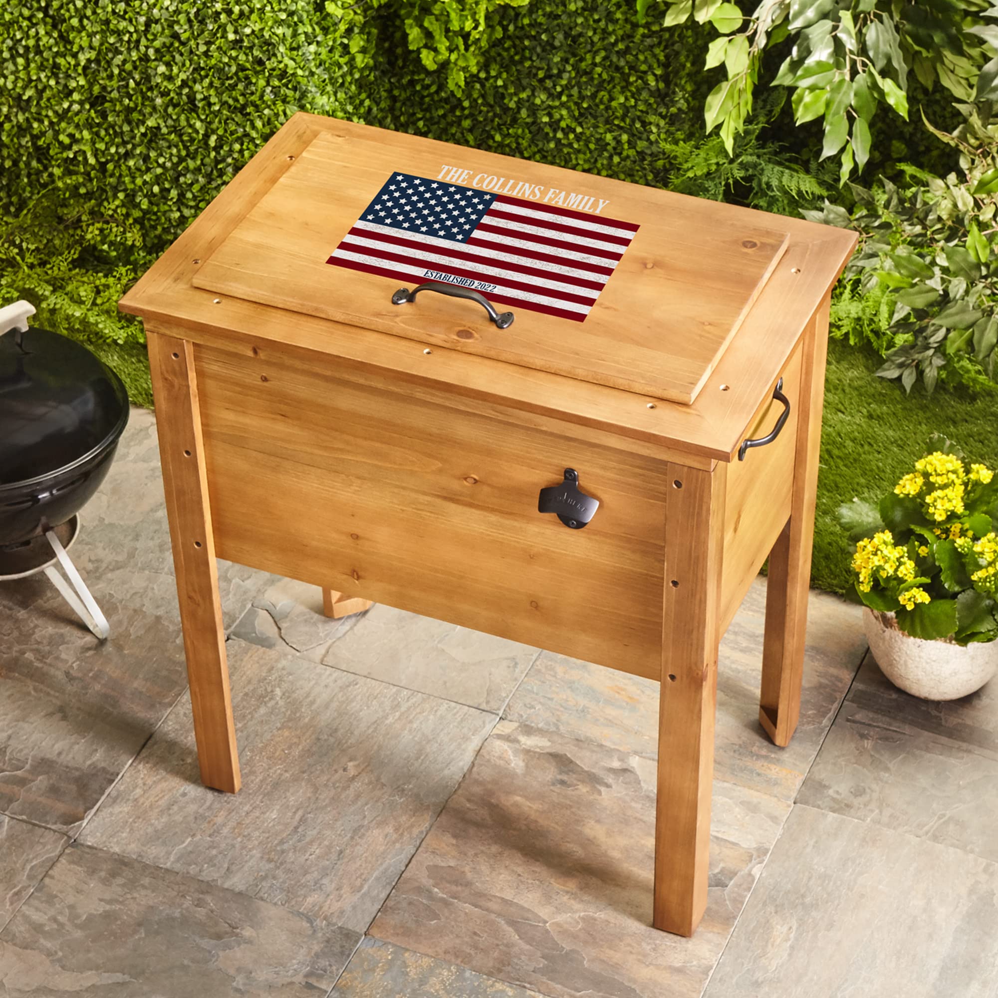 Let's Make Memories Personalized Patriotic Outdoor Wooden Cooler - Unique Entertaining Essential - for Dad - Holds 60 lbs
