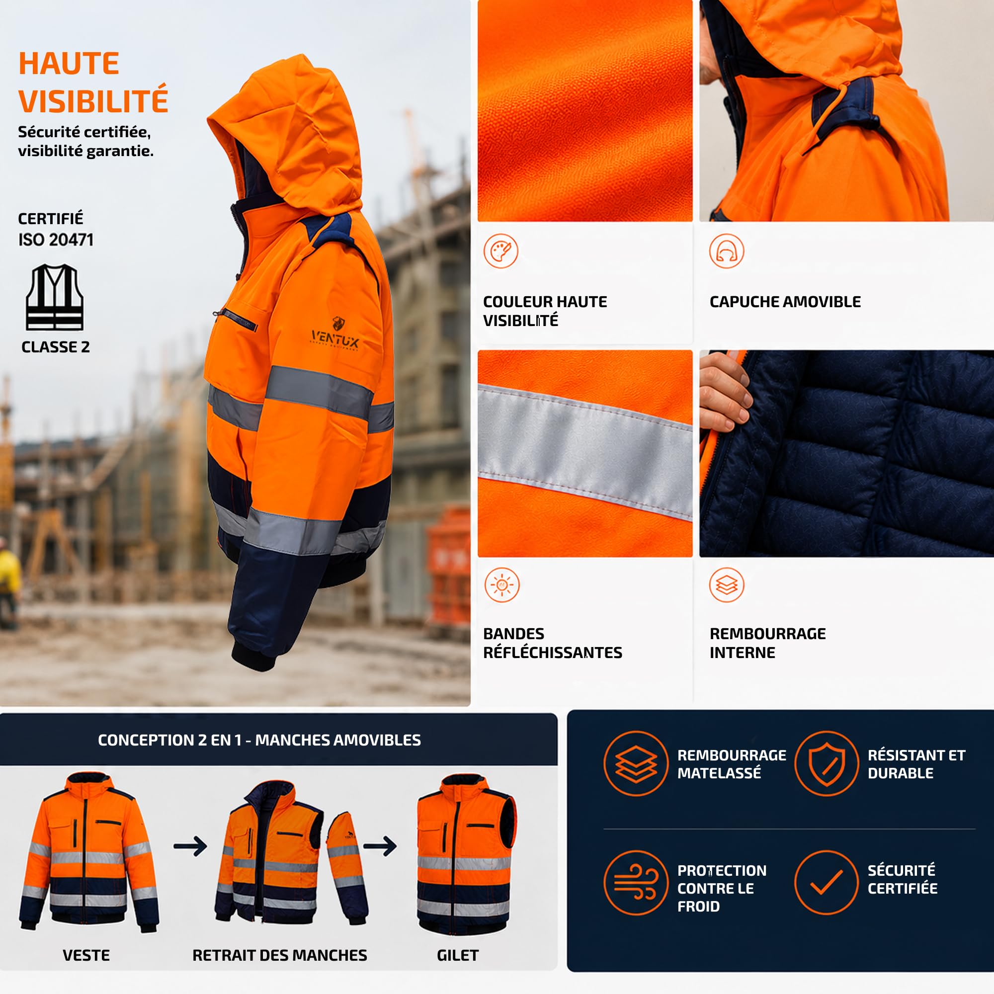 Veste haute visibilité orange avec capuche – Vêtement de travail réfléchissant EN ISO 20471 – Protection hiver avec poches multiples