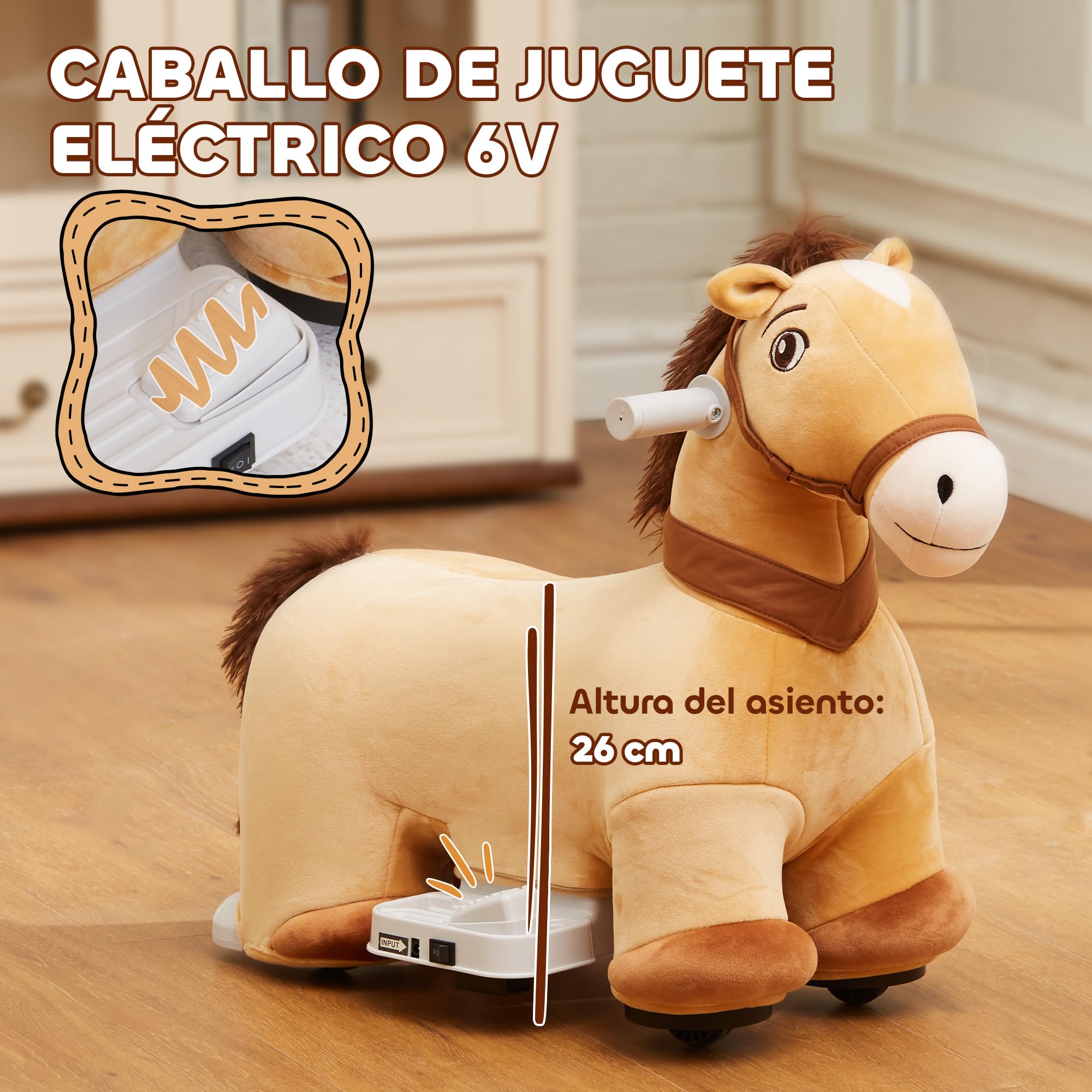 AIYAPLAY Caballo Eléctrico para Niños de 18 a 36 Meses Caballo de Juguete Eléctrico con Batería 6V Ruedas y Música Carga 25 kg 69x34x53 cm Marrón