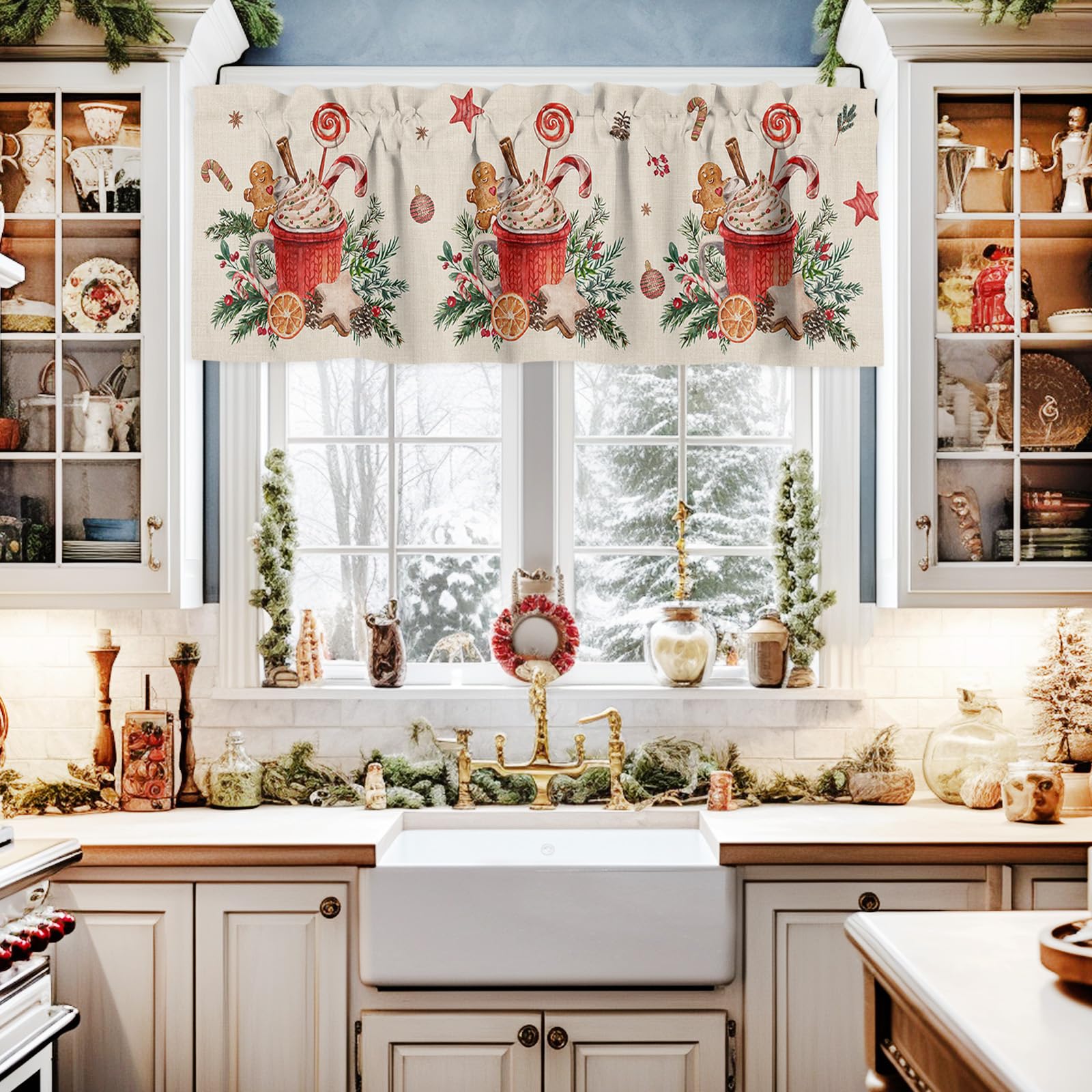 Christmas Kitchen Curtains Valances Set - 3-Piece Red Santa Hat Design, Rod Pocket Cafe Tier Panels For Windows