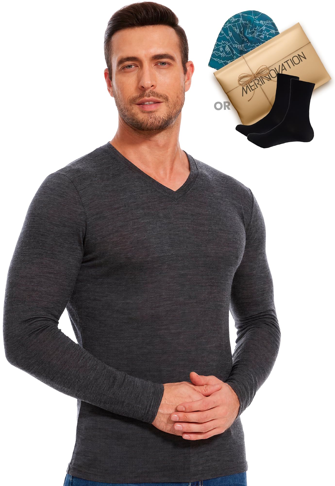 MERINNOVATION Merino Wool Base Layer Mens - 100% Merino Wool Shirts for Men Lite - Midweight Long Sleeve V Neck T-Shirt