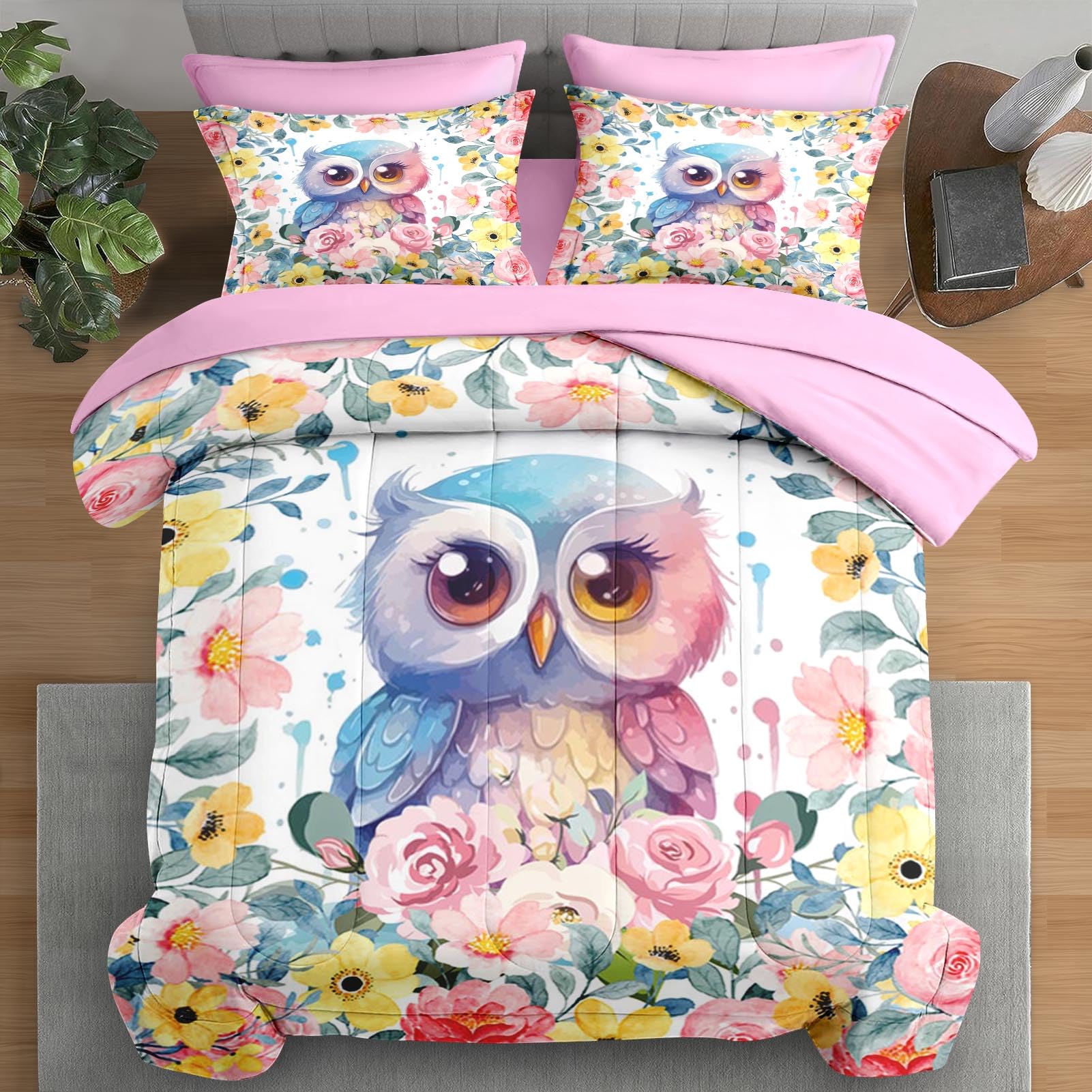 Pamnest Comforter Set Queen Size, Cute Kawaii Owl 7 Pcs Bedding for Kids and Adults, Yellow Pink Floral Bed Sheet Sets with Fitted Sheet 2 Pillowcase & 2 Sham for Bedroom Bed Decor