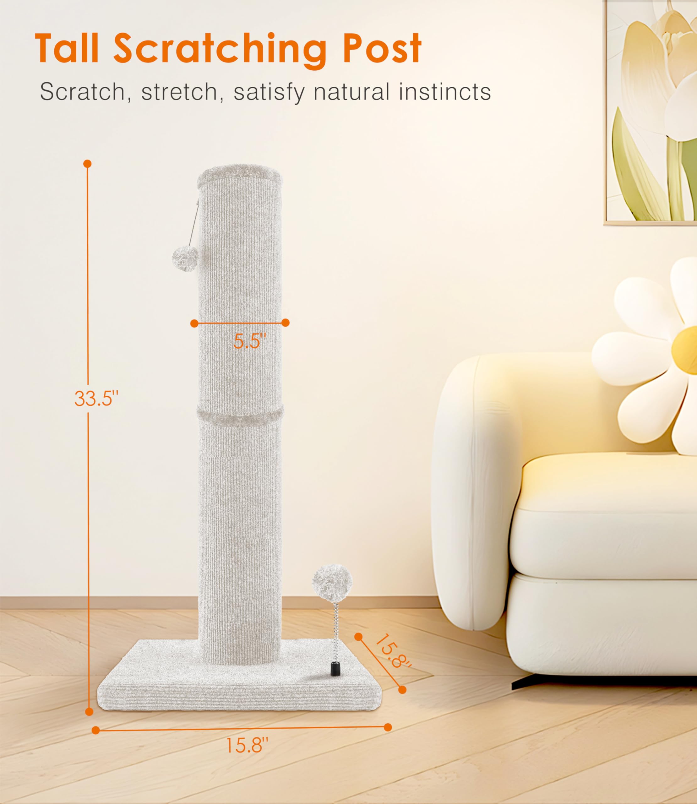 PuzzlePaw Carpet Craft Cat Scratching Post Heavy Duty for Indoor Large Cats and Adult Cats,Tall and Thicked Cat Scratch Post,Carpet Cat Tree Tower Scratcher with Interactivity Balls,Beige