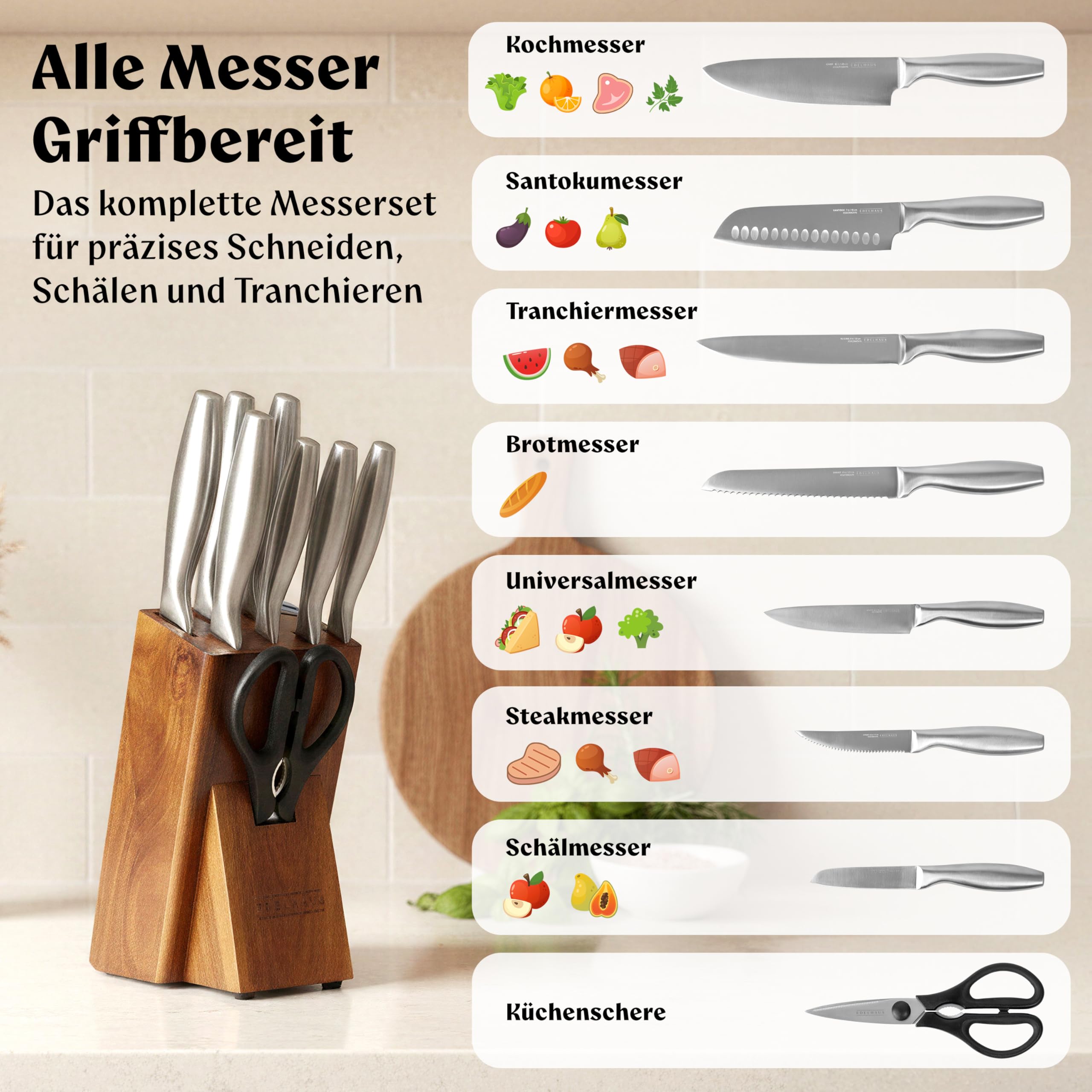 EDELHAUS Messerblock mit Messer - 9-Teiliges Profi Messerset mit Block & Integriertem Messerschärfer, Küchenmesser Set aus X50CRMOV15 Edelstahl, Edelstahlgriffe Messer Set mit Schere, Akazienholzblock