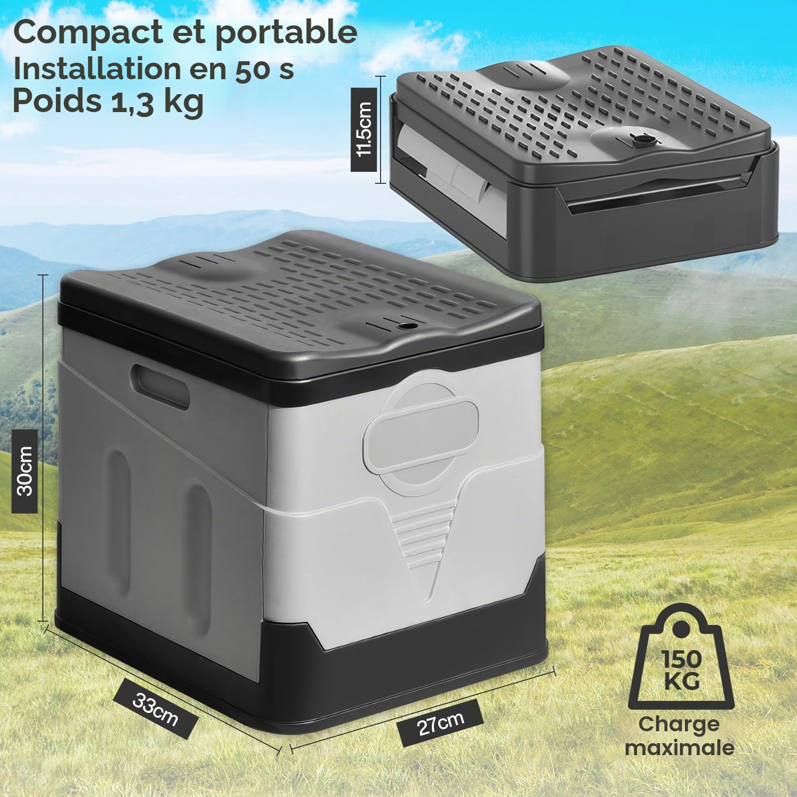 Toilette Portable – 25L Capacité, Supporte Jusqu’à 150KG, WC Portable avec 24 Sacs Jetables, Sac de Transport & Coussin, pour Camping, Randonnée, Camping-Car