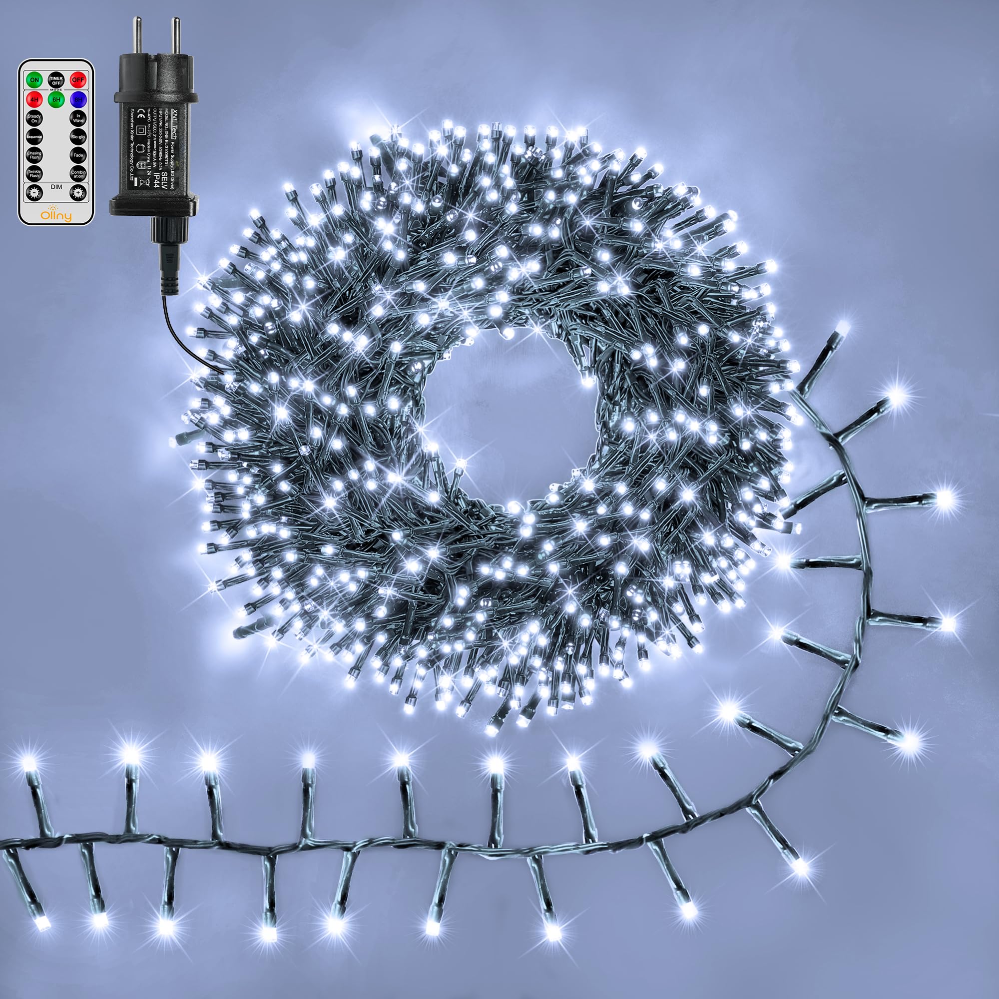 AebeChun Guirlande Lumineuse Exterieur, 15m 150LEDs Guirlande Lumineuse Noel Intérieur IP44 étanche, 8 Modes Avec Télécommande Pour Maison Sapin Jardin Fenêtre Mariage (Blanc Chaud