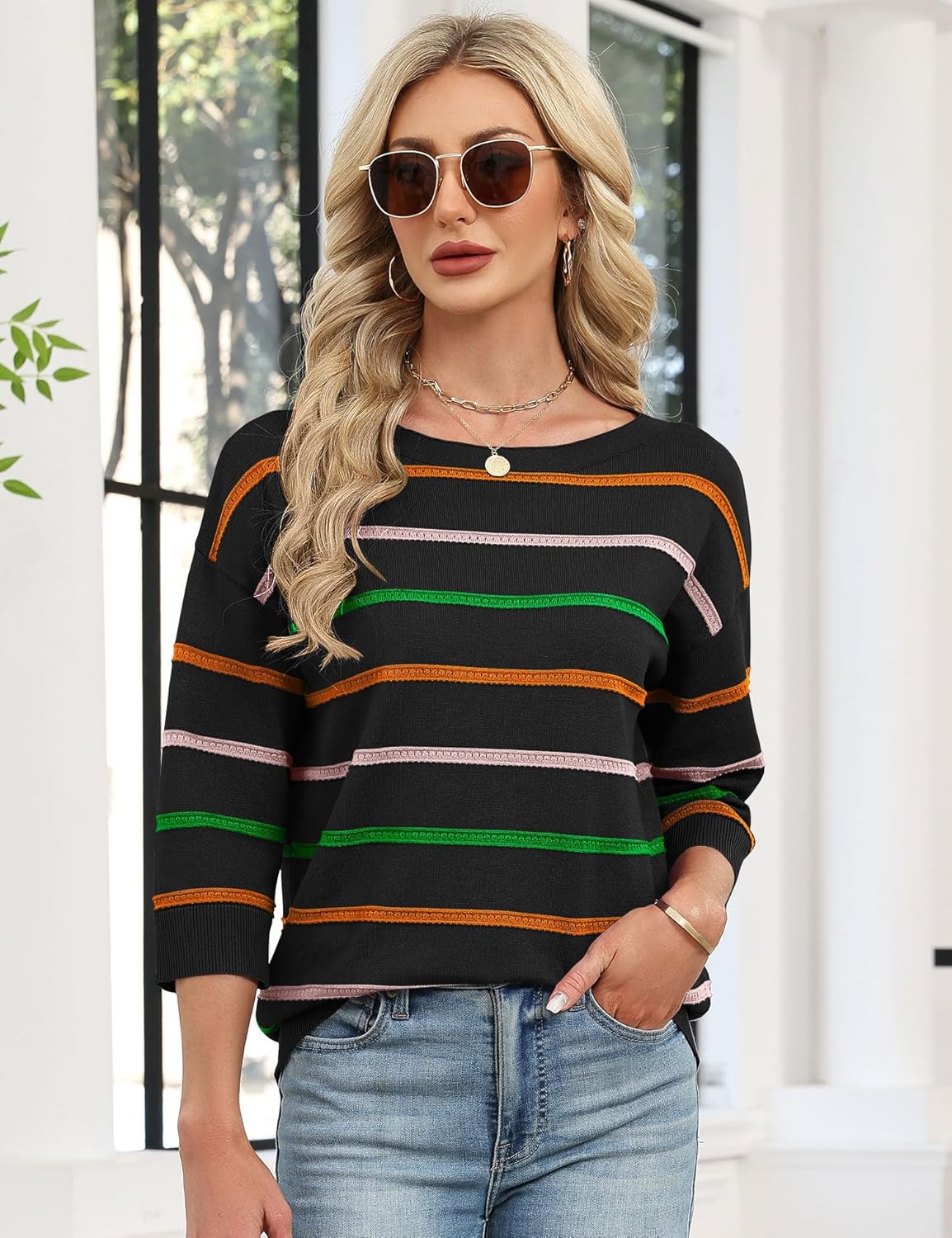 LOMON Women's Soft Comfy Knit Pullover Sweater Striped Boat Neck Spring Dressy Casual Sweater Tops 2026 - Image 6