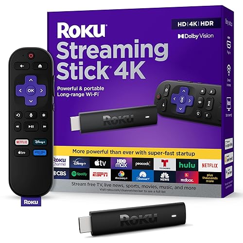 Roku Streaming Stick 4K - HDR & Dolby Vision Roku Streaming Device for TV with Voice Remote & Long-Range Wi-Fi - Free & Live TV - 4K + Dolby Vision