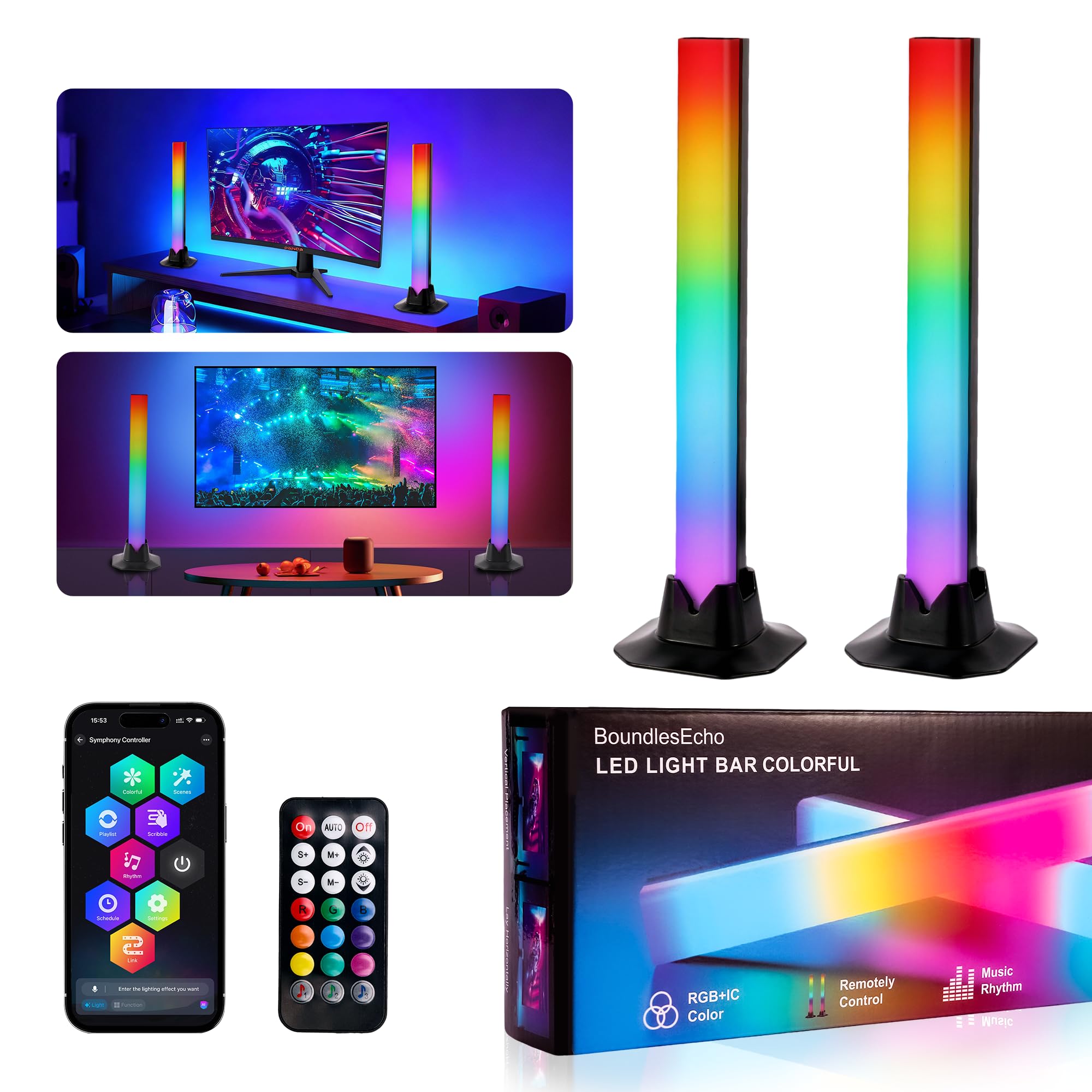 BoundlesEcho Smart RGBIC LED Lightbar, retroilluminazione per TV, illuminazione a LED con controllo app e sincronizzazione musicale, decorazione cambia colore per scrivania, monitor PC e camera da