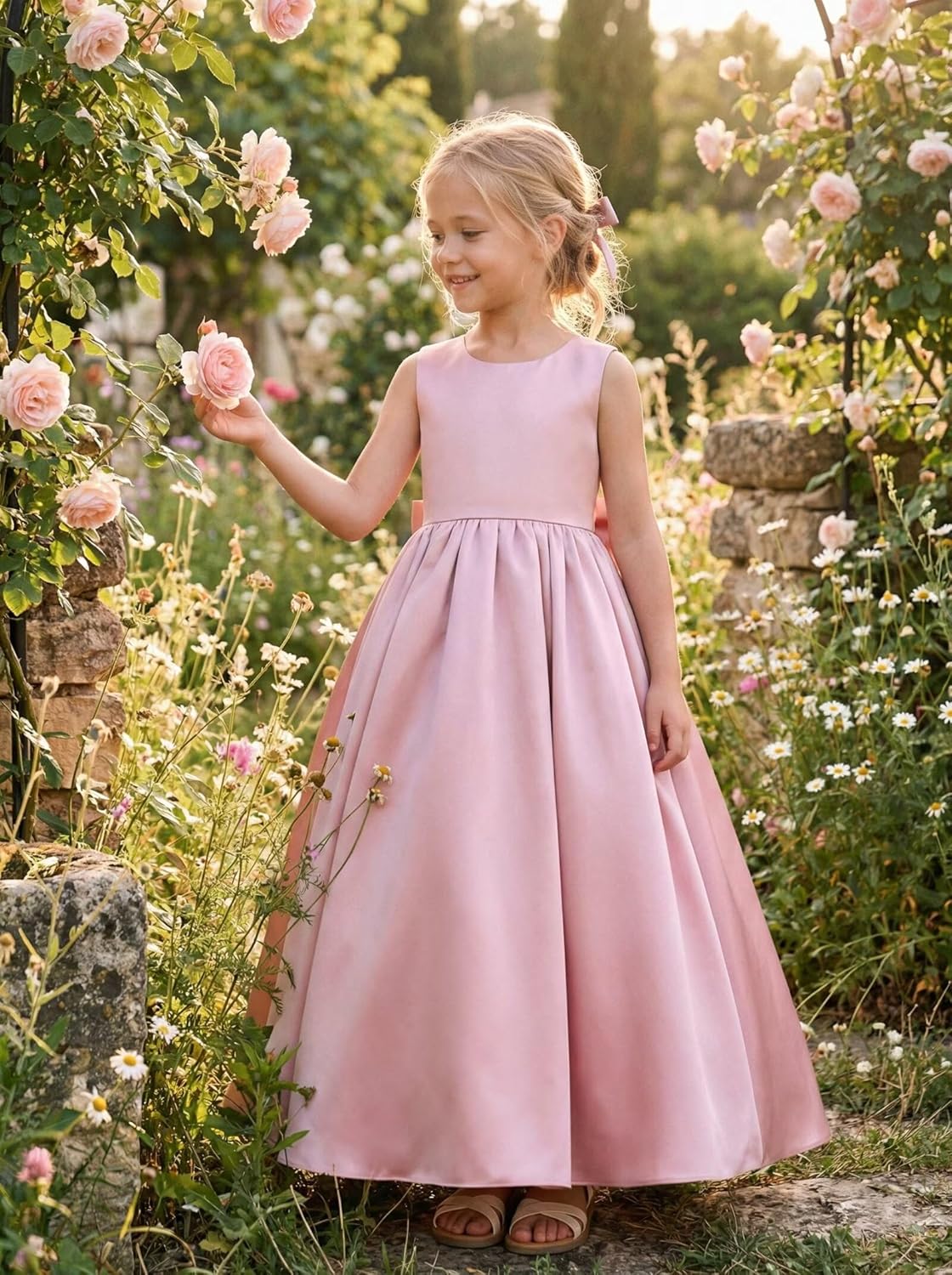 Satin Flower Girl Dresses for Wedding V Back Pageant Dresses for Girls Princess Party Dress with Bow