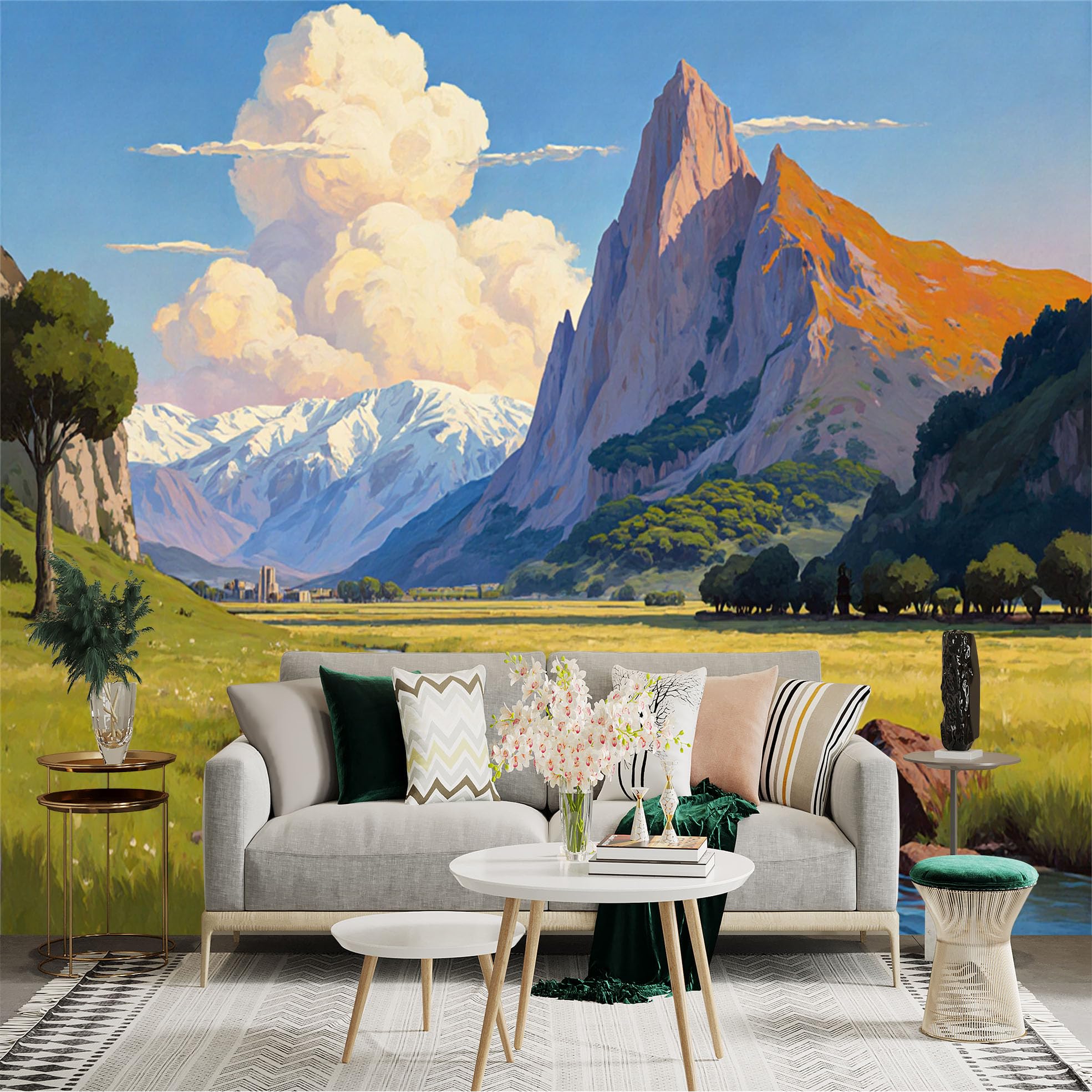 Lnzczhyre Xc260505008 Custom Size Wall Sticker Mural， Majestic Mountains With Flowing River， Scenic Meadow And Fluffy Clouds， Peaceful Natural Landscape， For Wall Decoration， Peelandstick Wall Decals.