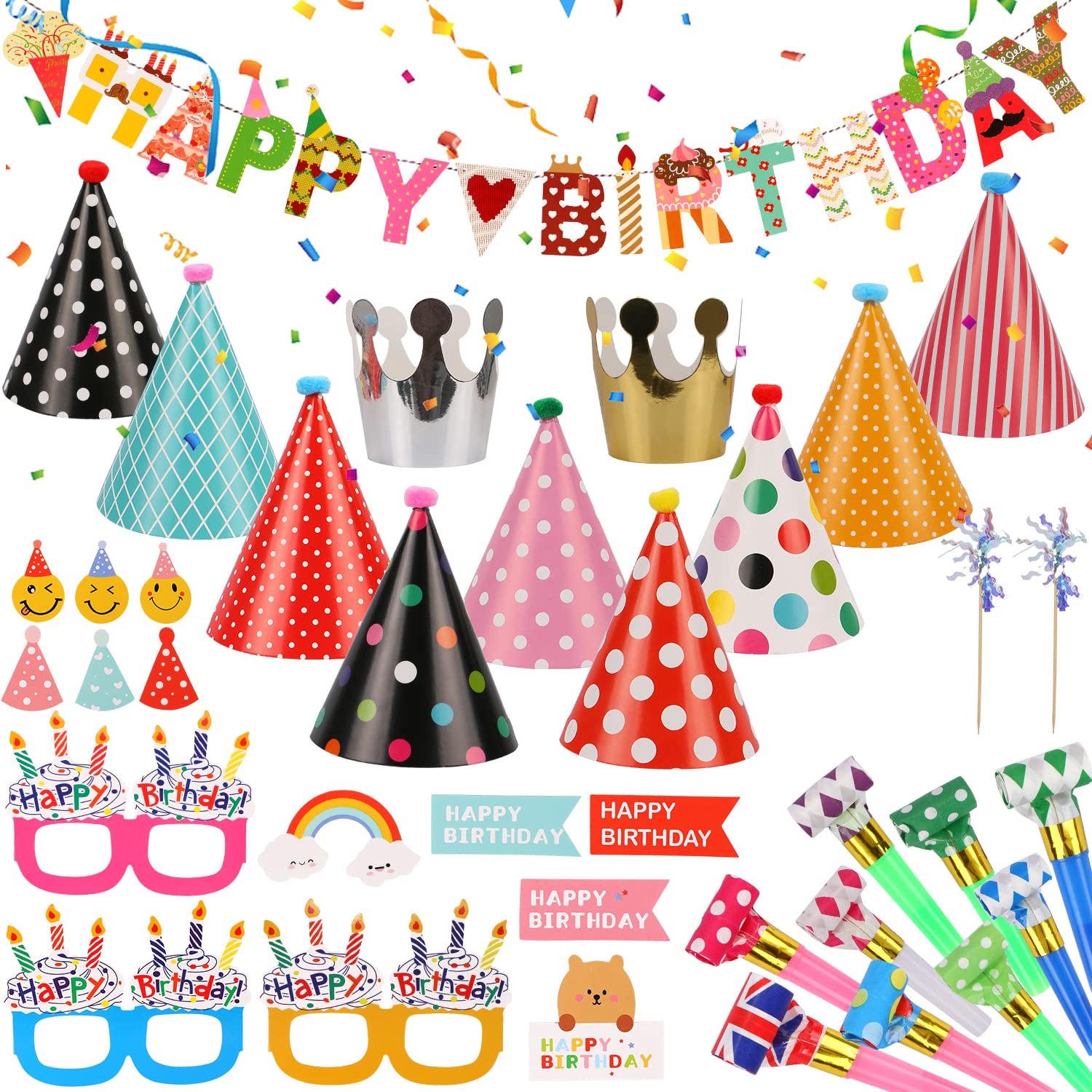 GORVELL Party Hats Kids Birthday,11pcs Party Hats with Happy Birthday Banners,10pcs Party Blowers,3pcs Paper Party Glasses,10pcs Cake Toppers,Kids Birthday Party Decoration