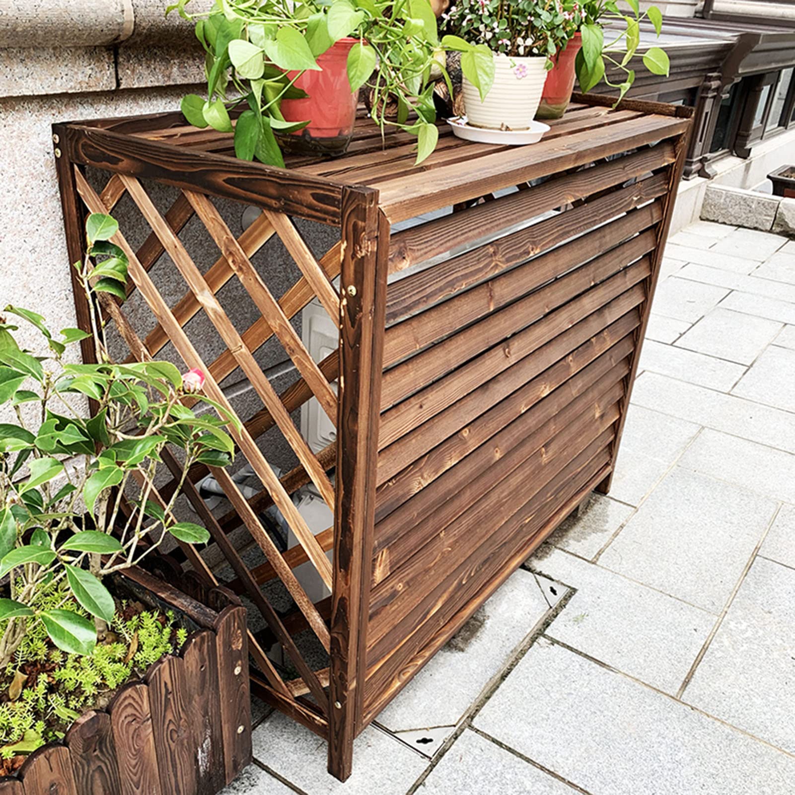 CENAP Air Conditioner Privacy Fence Screen for Outside,Central Air Conditioner Outer Hood Louver Grille Vent Protection Cover Wood Air Conditioner Flower Rack,Trash Freestanding Screen/Inner Diamet