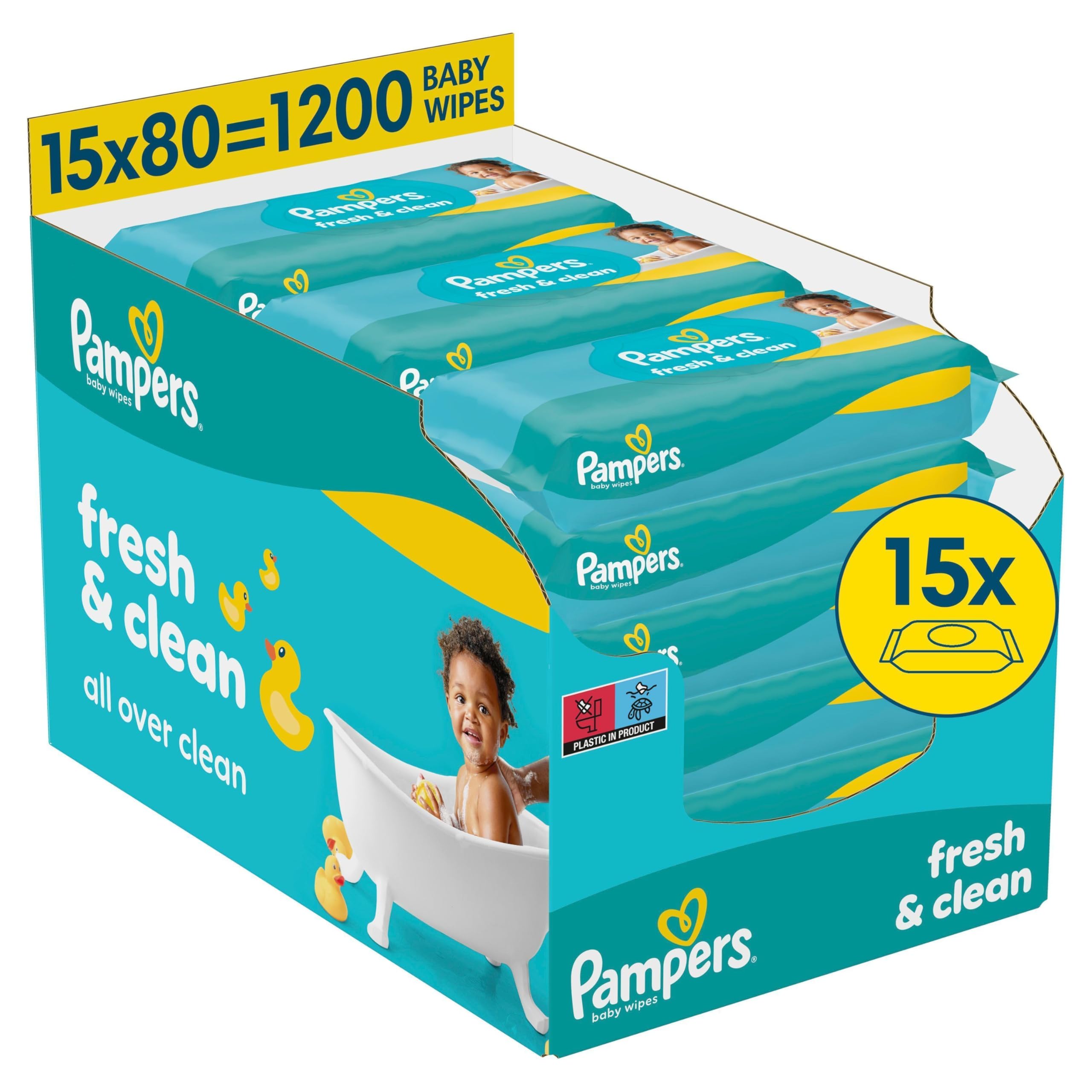 Pampers Fresh Clean Feuchttücher 15 Packungen mit 80 Stück, 1200 Feuchttücher, milder Duft, auch für Hände und Gesicht geeignet