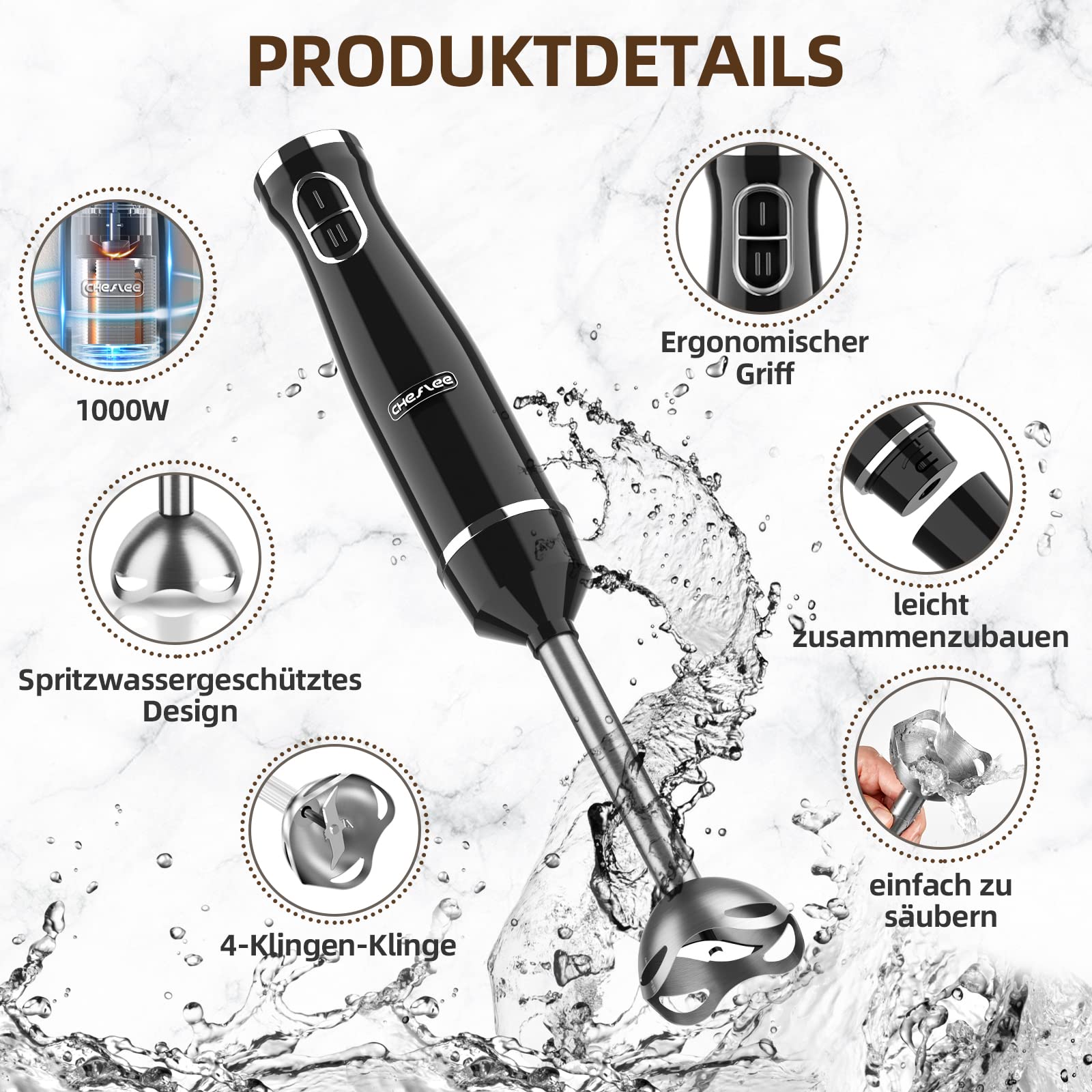 Cheflee 800W Frullatore Multifunzione 5 In 1 Frullatore Immersione, Mixer a Immersione Professionale, ad Immersione, Tritatutto Per Fare Frullati Purea Pappe