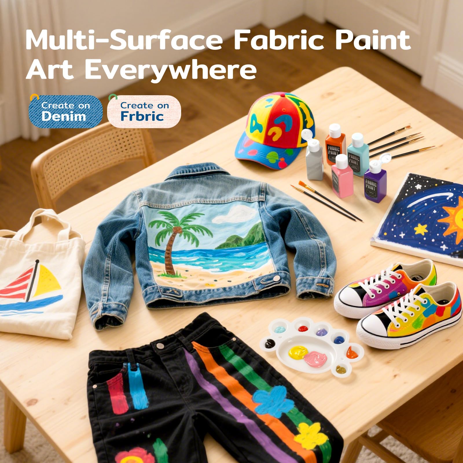 Fabric Paint Set - Permanent & Washer Safe, 18 Vibrant Colors, in Bottles (60ml/2oz), Non-Toxic Certified Fabric Paint with Brushes & Stencils, Textile Paint for Clothes, DIY Projects & Art