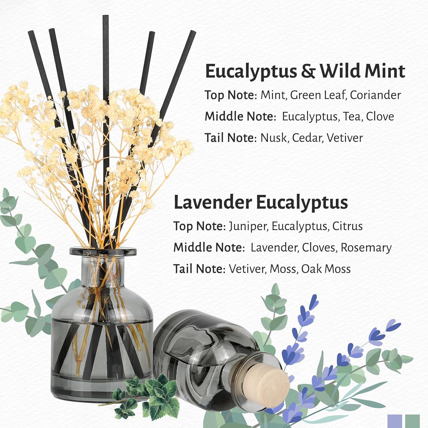 Brakula 2 Pack Reed Diffuser, Eucalyptus & Wild Mint + Lavender Eucalyptus (3.38 fl oz Each Pack), Home Fragrance with 12 Sticks, Shelf Decor, Reed diffusers for Home - Image 2