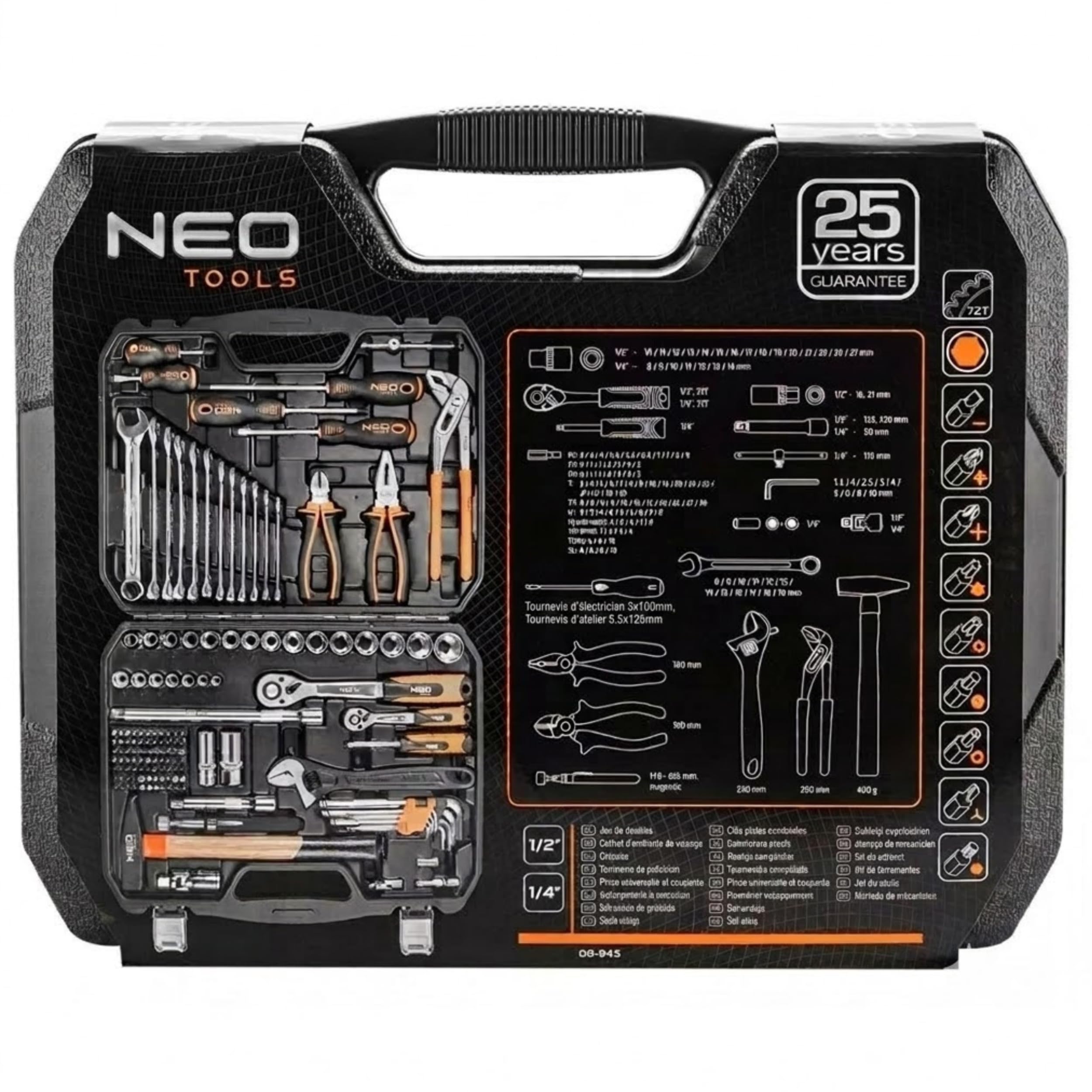 NEO TOOLS Lot de 143 outils en acier CRV pour travaux mécaniques, électriques, sanitaires et ménagers, mallette solide avec pinces métalliques