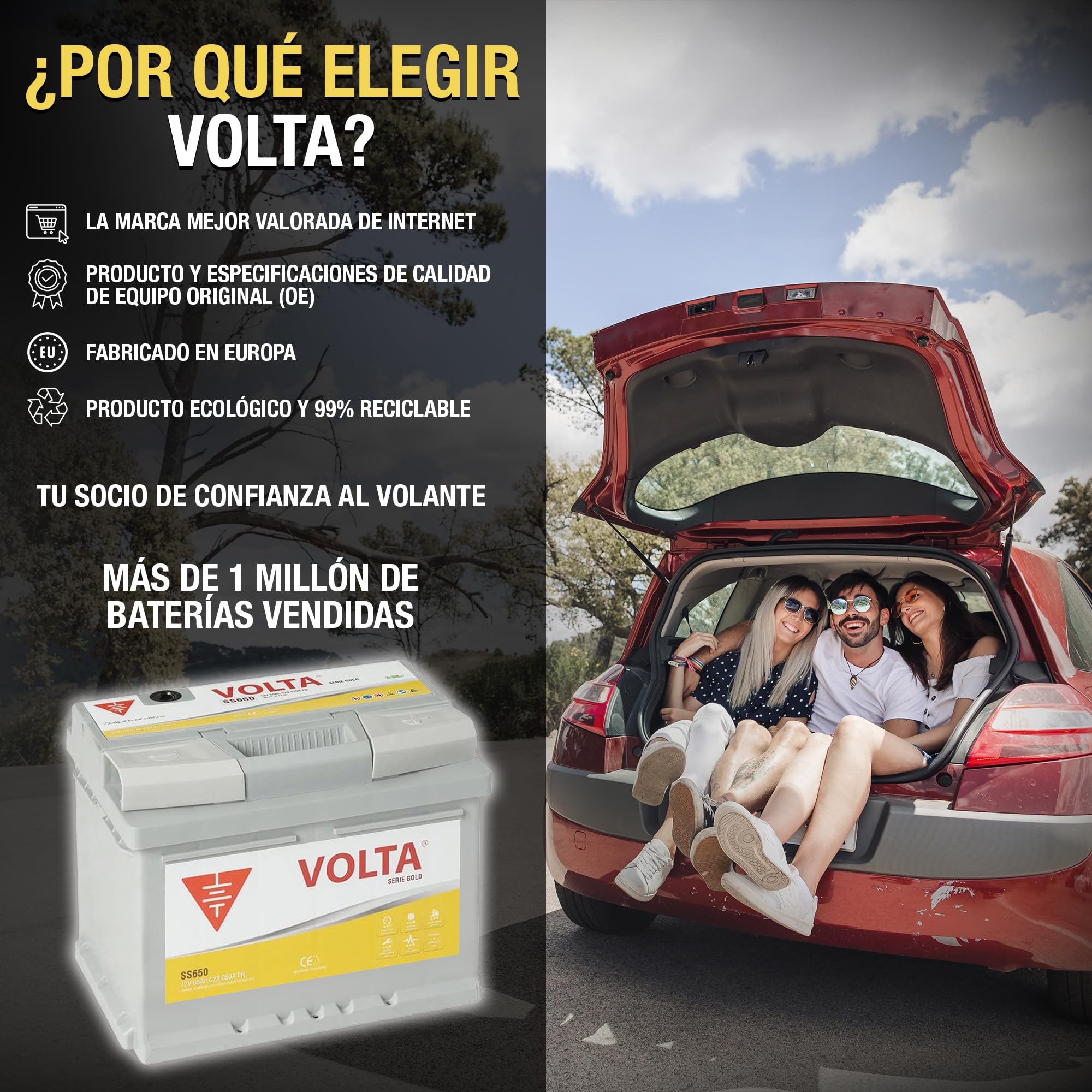 Bateria de Coche Gold 65Ah 650A Start-Stop Básico EFB Volta SS650D - Borne +Dcha - Medidas Largo 242 x Ancho 175 x Alto 190 mm con 2 años de Garantía - Fabricación Europea.