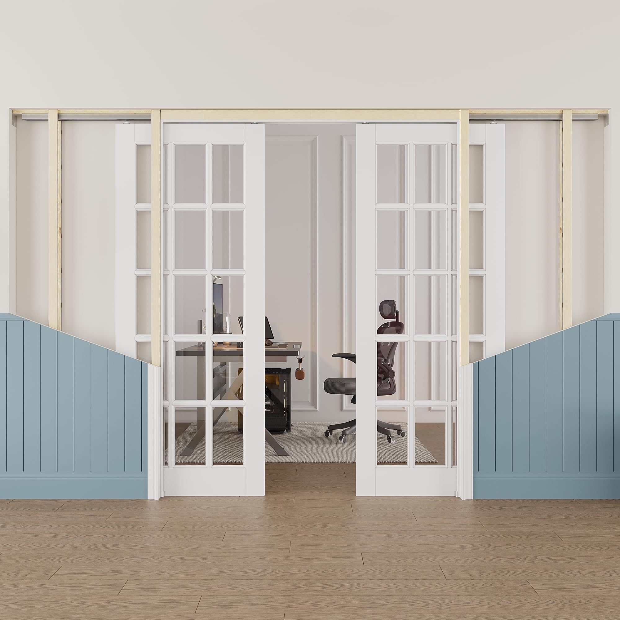64x80 Sliding Double Pocket Door,15 Lite Clear Glass Doors,Hidden Doors