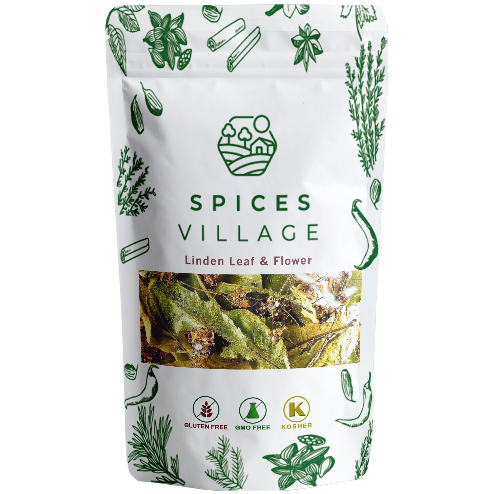 Spices Village Linden Flower Tea, 2 oz, All-Natural Linden Leaf & Flower, Kosher, Gluten Free, Vegan, Non GMO, Resealable Bulk Bag