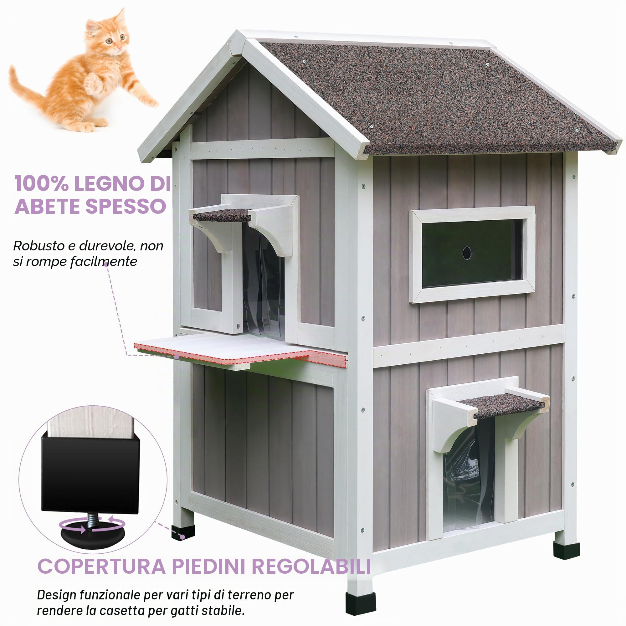 HiCaptain Casa per gatti selvatici resistente alle intemperie, rifugio in legno per gatti randagi all'aperto, cuccia gatto esterno grande a 2-4 piani con balcone e porta di fuga