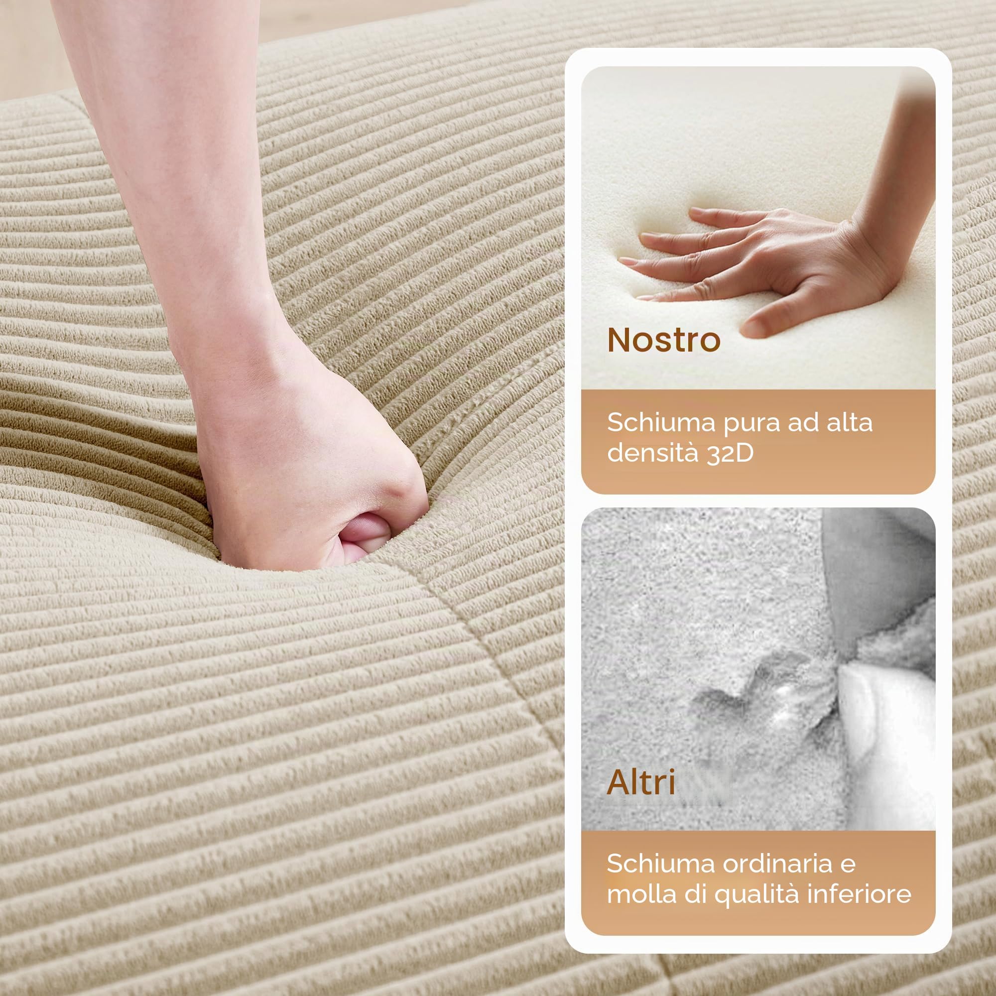 Divano a U 3 Posti in Morbido Velluto a Coste, Componibile Modulare Sofà con Braccioli Curvati, Imbottitura in Schiuma Altamente Elastica per Soggiorno e Camera da letto, Senza Montaggio(Beige)
