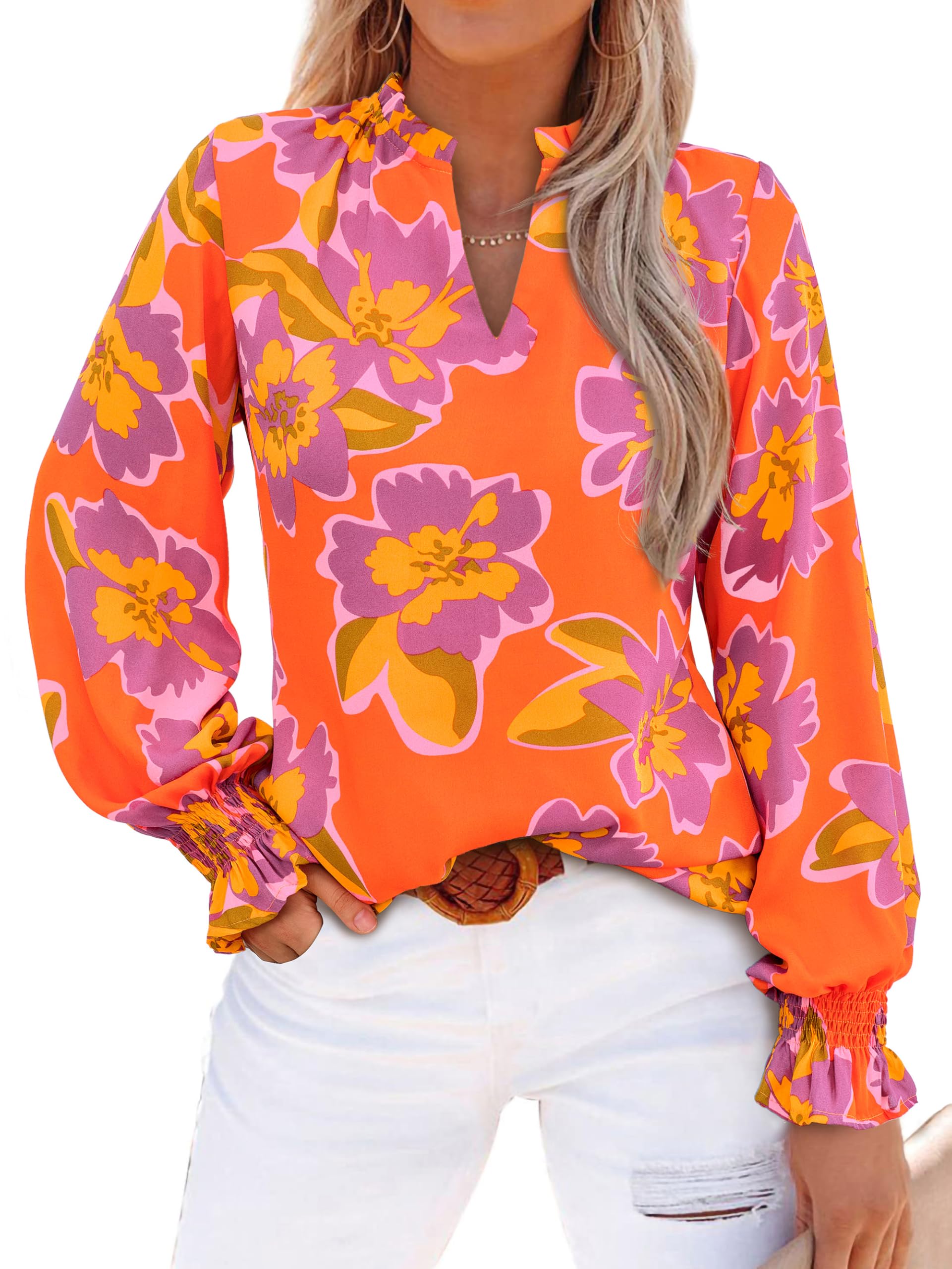 MASCOMODA Womens V Neck Floral Long Sleeve Tops 2025 Summer Casual Loose Puff Sleeve Chiffon Boho Work Blouse Dressy T Shirts