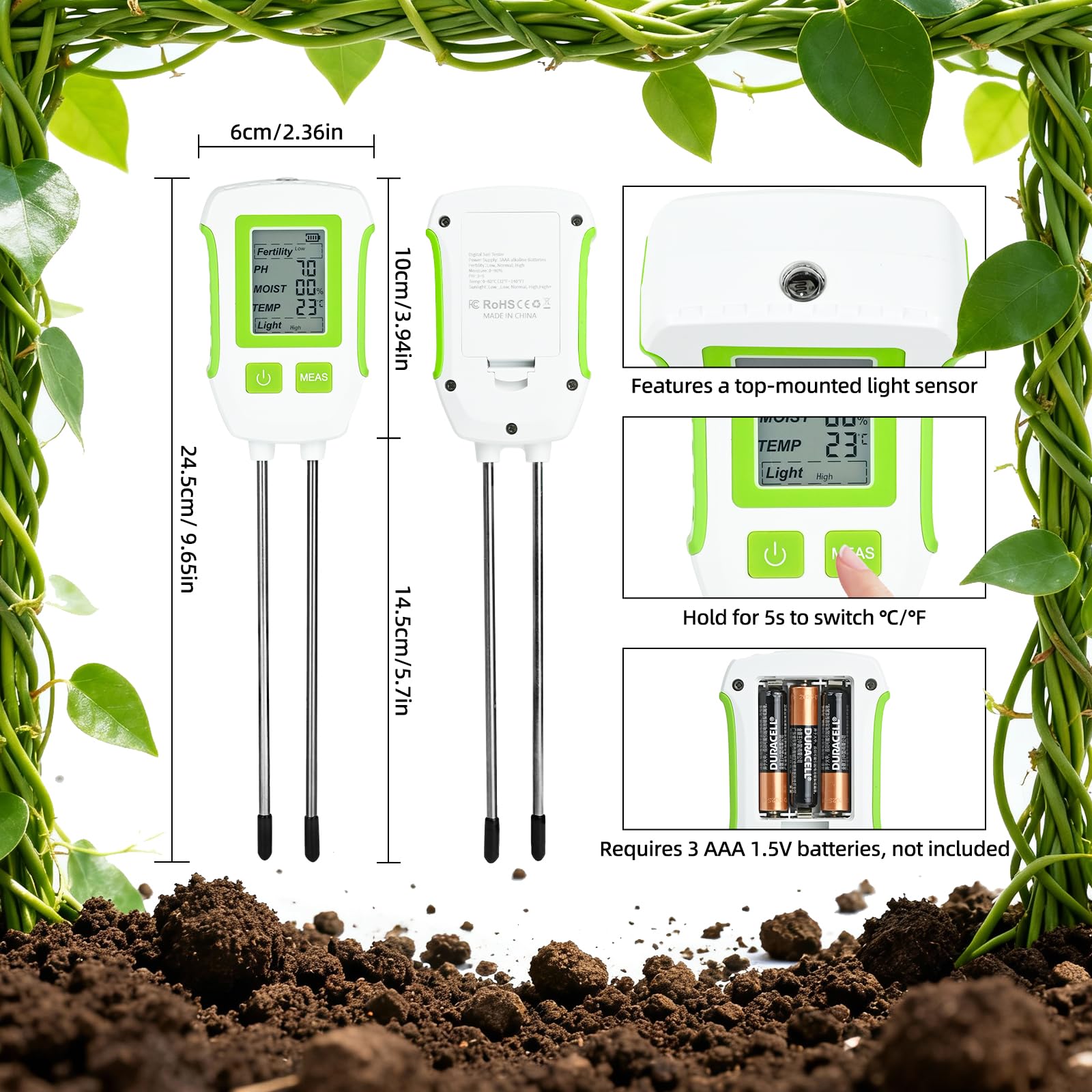 PATEMZON Misuratore del Suolo, 5 in 1 Misuratore PH Terreno Suolo, Misuratore umidità Terreno, Fertilità/PH/umidità/Temperatura/Luce, per Giardinaggio, Igrometro per Piante Agricoltura Esterne
