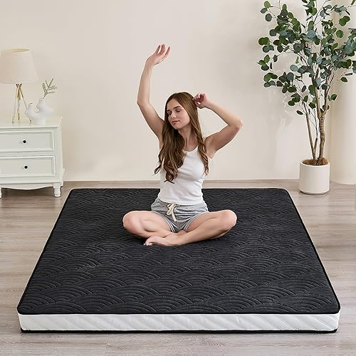 Japanese Floor Mattress, Quilted Futon Mattress with Anti-Slip Bottom, Foldable Floor Bed with Storage Bag and Straps, (Black, Twin)