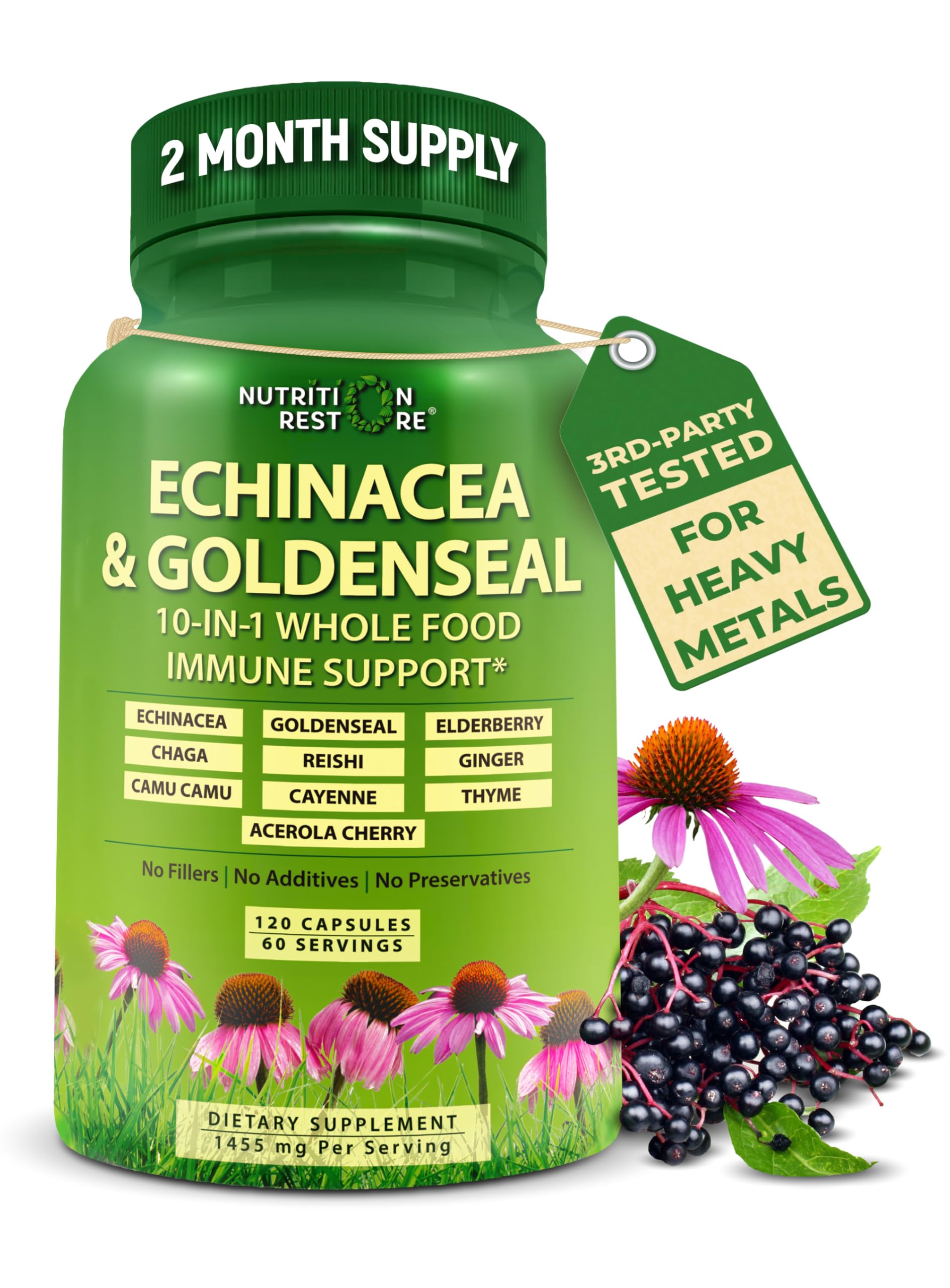 Echinacea Goldenseal Capsules - 10 in 1 Immune Support Supplement - 1455mg - Vegan Echinacea Capsules Supplement Made With Organic Whole Foods - Herbal Immune System Support - 2 Month Supply