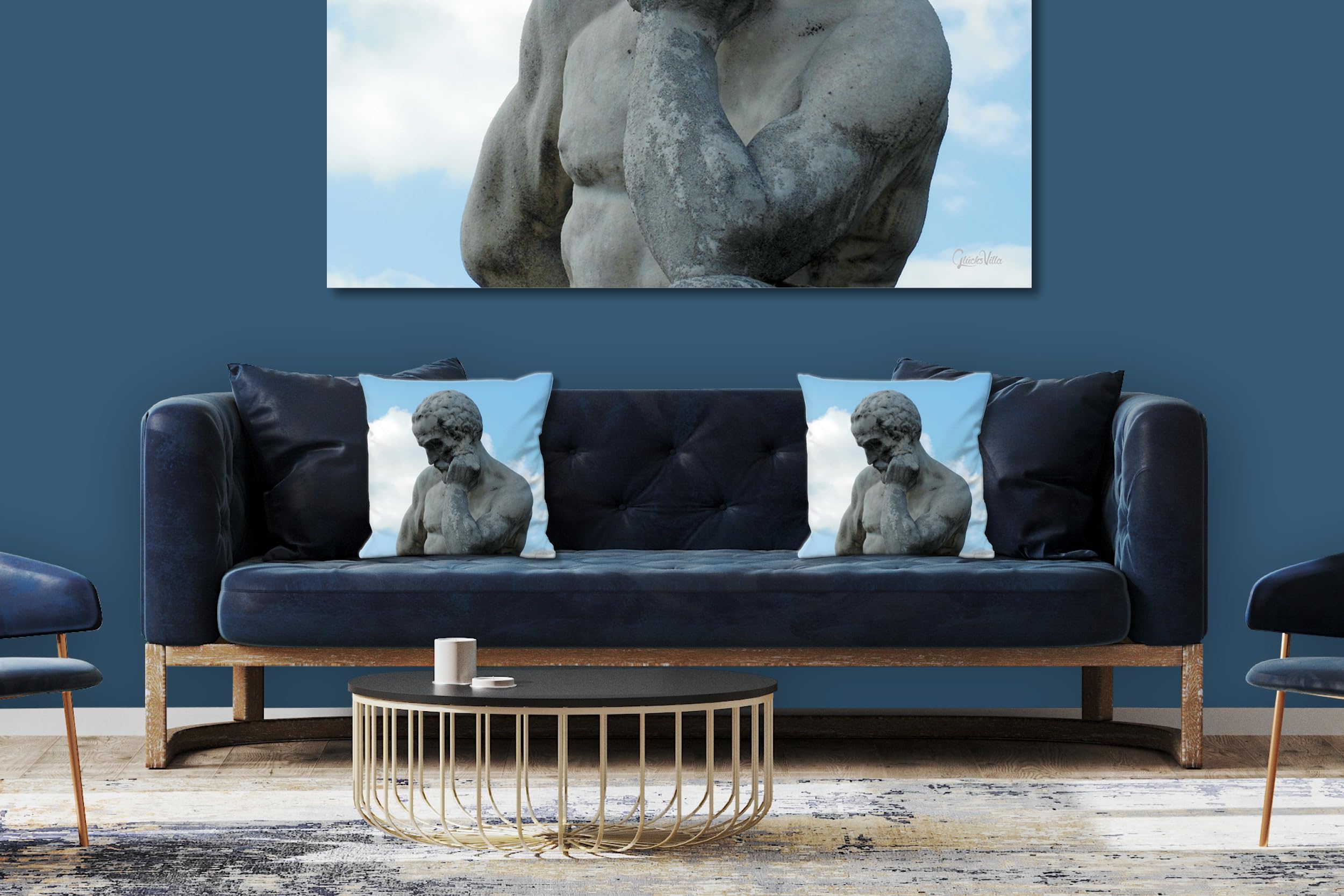 Denk nach! - Foto-Kissen-Hülle Set (2 STK.) 40 x 40 cm | Kissen-Bezüge - passend zu Wandbild - Deko-Kissen - Paris Stutue Denker Steinfigur Kunst